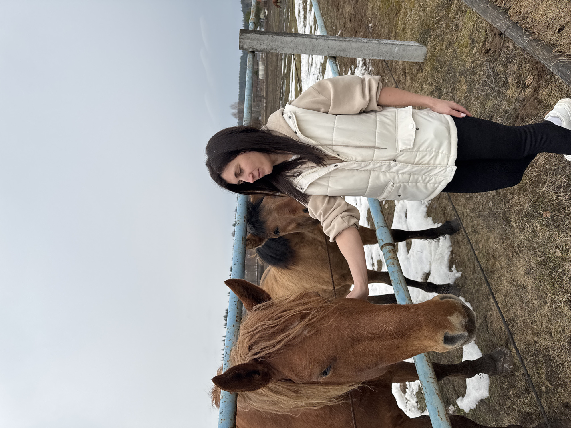 In Opary, Russia, an unidentified woman with long, dark hair is interacting with a brown horse in an outdoor pen. The woman is wearing a beige hoodie and a white puffer vest over black leggings and white sneakers. She is standing adjacent to a blue metal fence, her hand extended towards the horse's head. Another brown horse is partially visible behind the fence. Patches of snow are present on the ground amongst dry grass and soil. The sky is overcast. A weathered wooden post is visible in the background along with more fencing and distant buildings or structures.