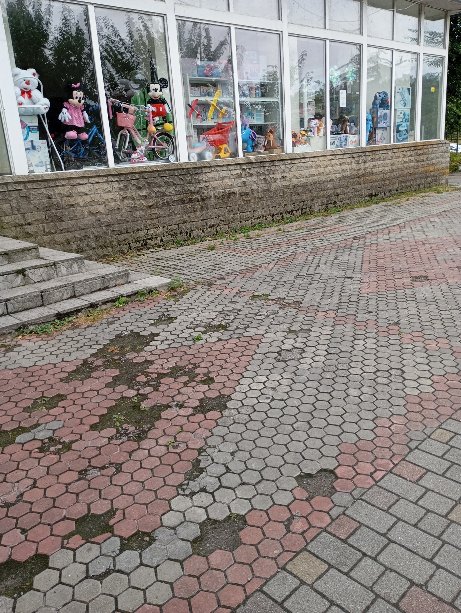 The image shows the exterior of a store in Horishni Plavni, Ukraine. The store has a large glass window display featuring several toys, including stuffed animals, toy bicycles, and a toy shopping cart. In front of the store is a paved walkway made of hexagonal concrete blocks in red and gray. There is a stone wall behind the walkway and a set of concrete stairs leading up to the store. The weather appears to be overcast, and there is some greenery growing between the paving stones.