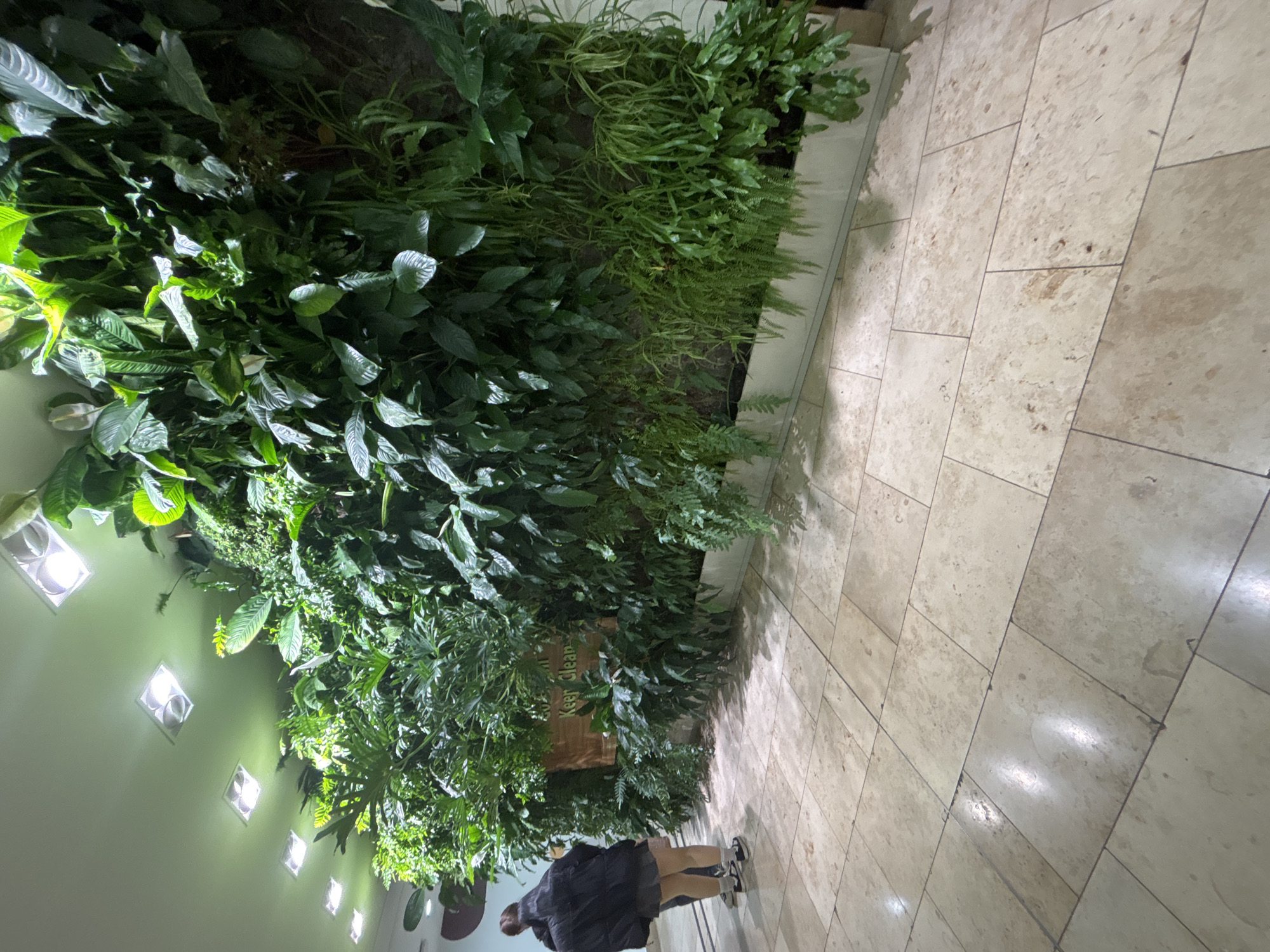 The image depicts an indoor scene, possibly a shopping mall or public space, located in Sofia, Bulgaria. A vertical green wall extends along a wall covered in light fixtures. The floor is tiled with light-colored rectangular tiles. A person dressed in dark clothing stands near the green wall, facing away from the camera. A sign embedded within the foliage reads "Keep Clean".