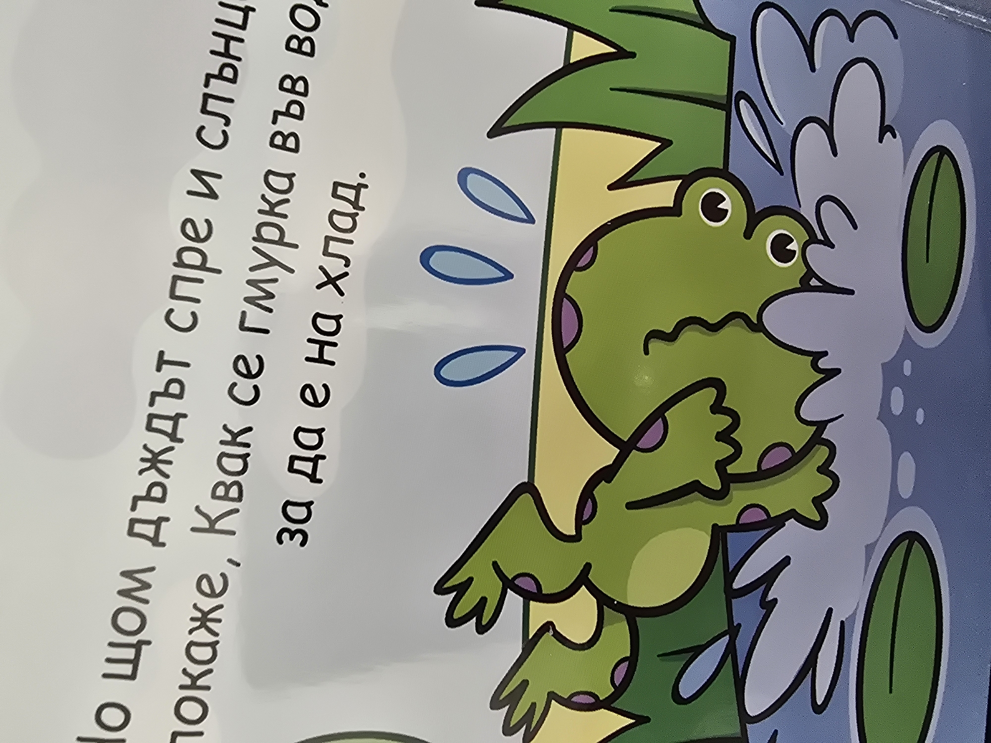 The image displays a vibrant, cartoon-style illustration of a green frog with purple spots. The frog is actively engaging with a body of water, depicted with large white splashes and partially visible green lily pads. Its expression, with wide eyes and a slight smile, suggests joy or contentment as it jumps or dives into the water, holding onto a piece of green foliage. Blue teardrop shapes near the frog's head further imply a cool, watery environment. The background above the water shows light green and yellow tones, possibly representing the bank or more vegetation.
Visible Bulgarian text on the left side of the image reads: "Но щом дъждът спре и слънц покаже, Квак се гмурка във во, за да е на хлад." This translates to: "But once the rain stops and the sun appears, Quack dives into the water, to be cool." The text sets the scene during a post-rain, sunny day at a pond or lake, highlighting the frog's activity of seeking coolness in the water.