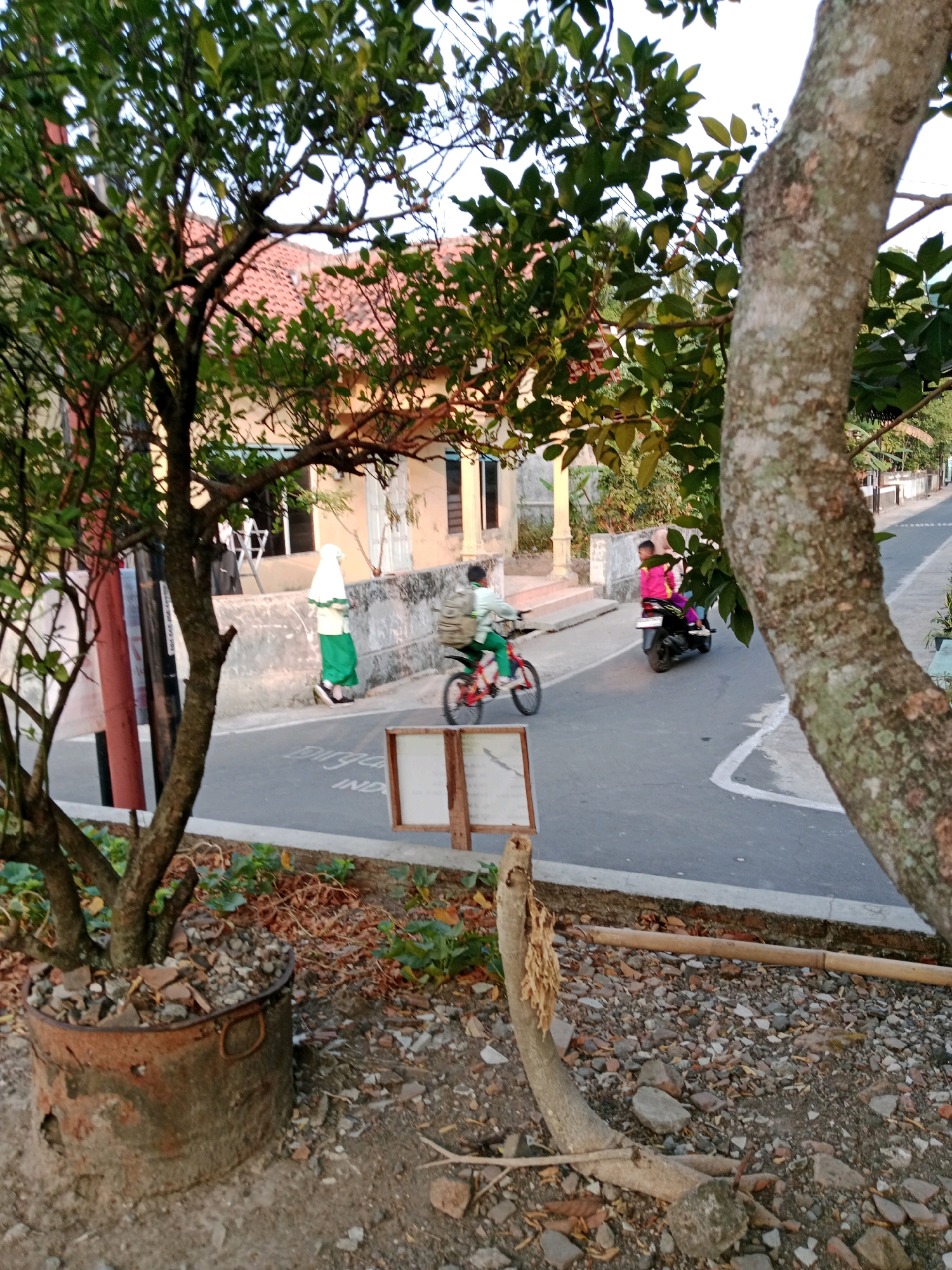 The image depicts a street scene in Waru, Indonesia, likely in the late afternoon or early evening due to the warm, soft lighting. In the foreground, a large tree trunk with textured bark is prominent on the right, and a smaller tree in a rusty metal pot is on the left. The ground is covered with gravel, small stones, and dry leaves.
A paved road runs through the middle of the scene. On the road, a young person is riding a red bicycle, wearing a light green shirt and dark pants. Further down the road, another young person is riding a black motorcycle, wearing a bright pink shirt and dark pants.
To the left of the road, there is a building with a light yellow facade and an orange-tiled roof. In front of the building, a person is walking, wearing a white headscarf and a green skirt over a white top. A low concrete wall borders the property. A wooden sign with a white insert is placed on the edge of the road. The background shows more of the residential street with trees and buildings.