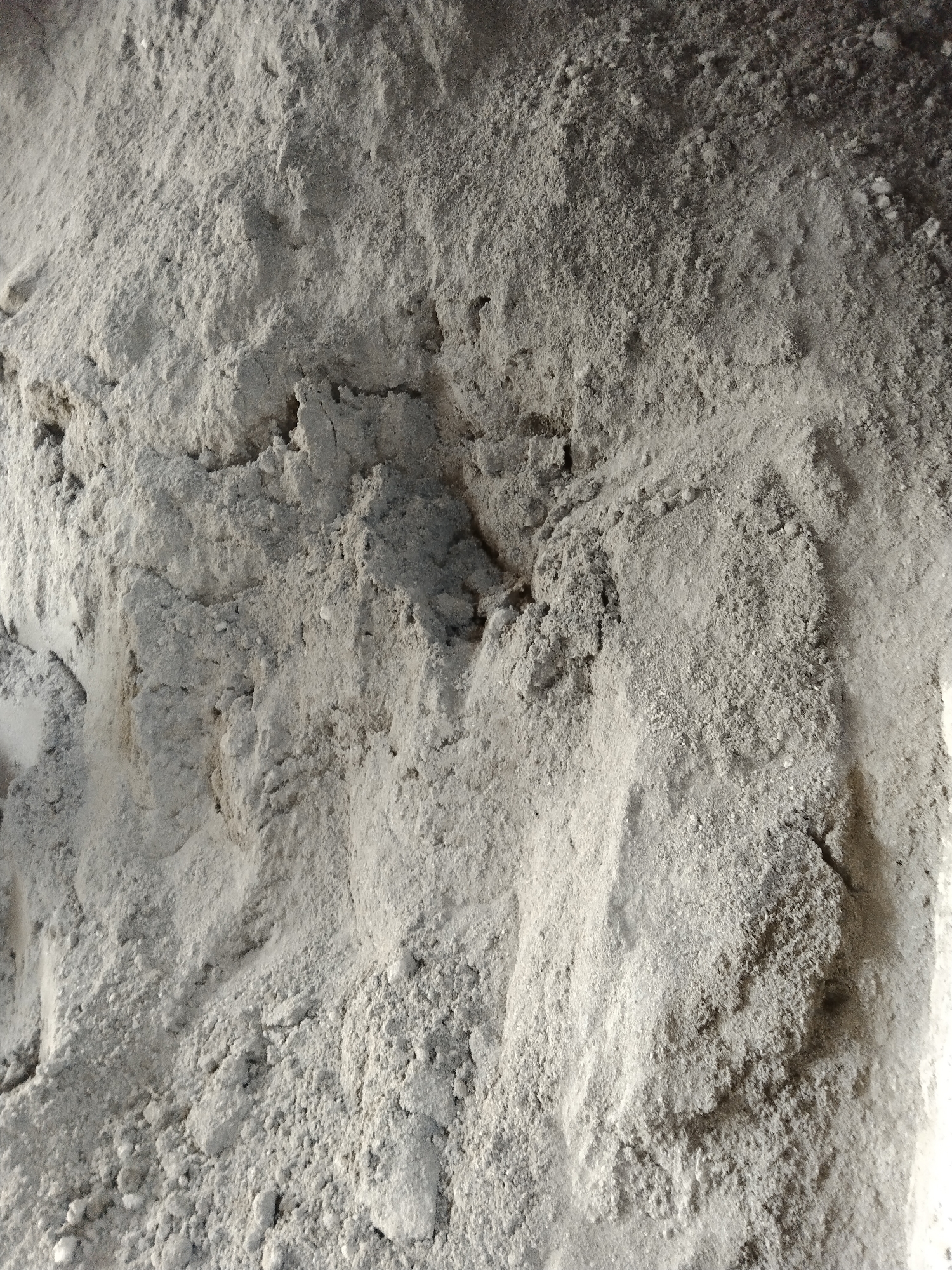 The image is a close-up, overhead shot of a pile of grey, powdery material, likely cement or a similar construction aggregate, filling the frame. The texture is rough and uneven, with visible clumps, ridges, and fine grains. Shadows suggest the material has been loosely piled, creating undulating surfaces and crevices. There are no people, animals, or other distinguishing objects in the frame. The background is indistinguishable, consumed by the texture of the material. The location is identified as Parung, Indonesia, though the image itself does not provide specific visual cues to confirm this.