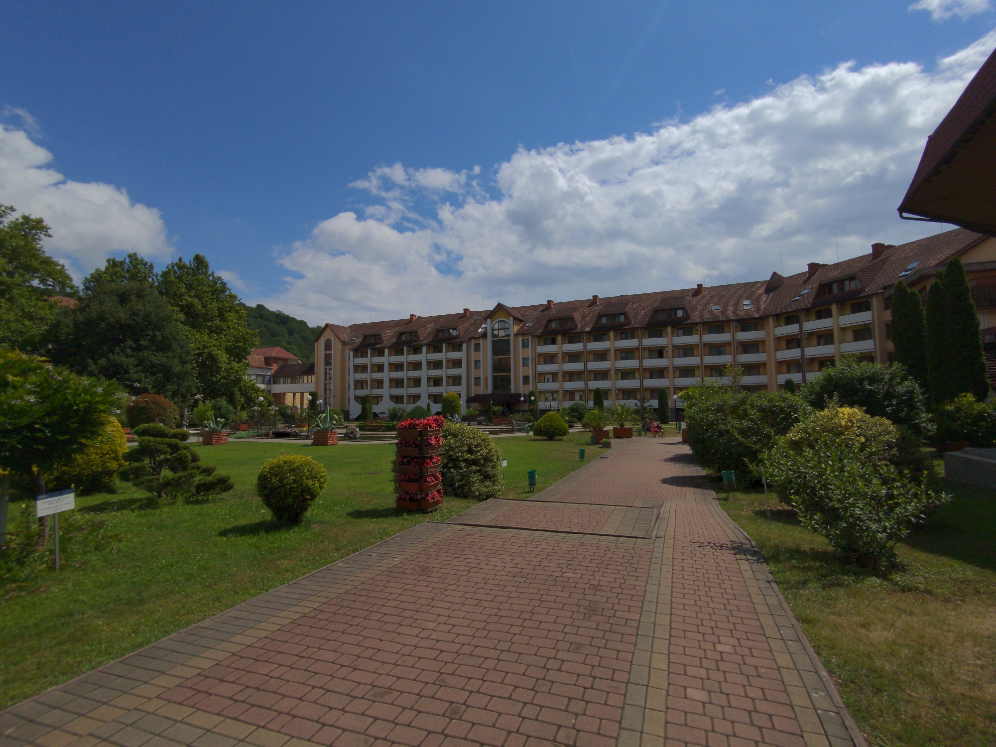 A wide-angle, eye-level outdoor shot captures a building complex with a paved walkway in the foreground. The walkway, made of interlocking brick pavers in shades of red and beige, curves gently from the lower right towards the center of the frame. To the left of the walkway is a meticulously maintained green lawn with manicured bushes and trees. A tall, tiered planter filled with red flowers stands prominently on the grass, a short distance from the walkway. A signpost is visible on the far left.
Dominating the background is a multi-story building with a curved facade, featuring numerous balconies and regularly spaced windows. The building is topped with a reddish-brown tiled roof. A gentle slope covered in lush green trees rises behind the building, suggesting a hilly or mountainous terrain. The sky above is a vibrant blue, dotted with fluffy white clouds. The overall impression is one of a well-kept resort or hotel complex, possibly in a scenic natural setting, located in Holubyne, Ukraine. No people are clearly visible in the image.