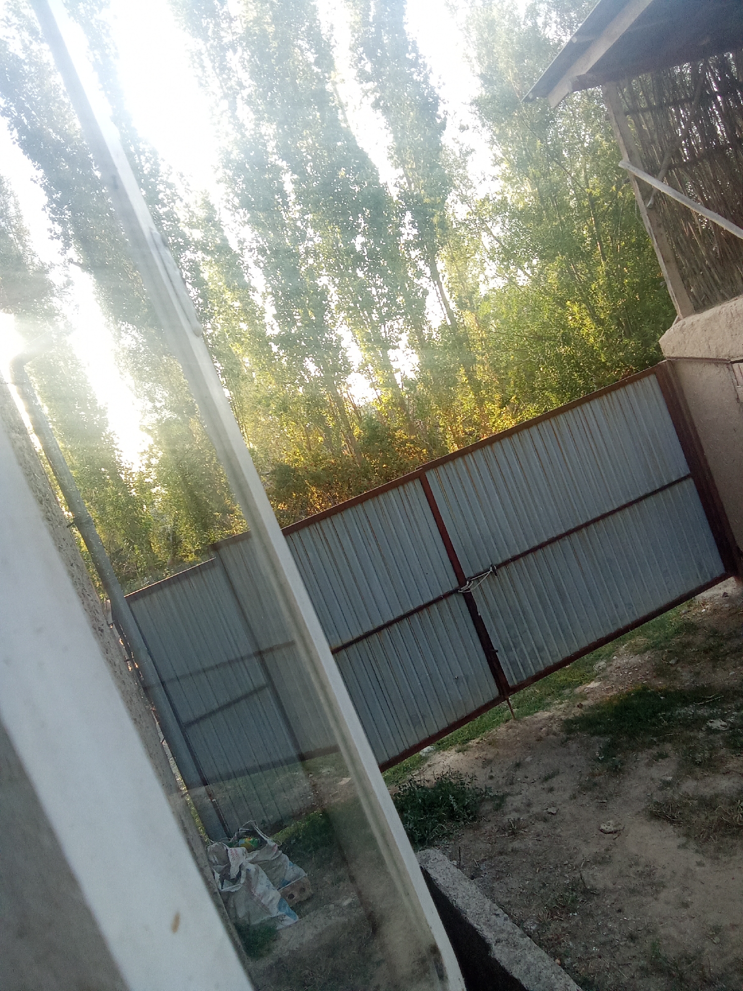 In Jar-Korgon, Kyrgyzstan, a corrugated metal gate with a reddish-brown frame stands closed. The gate is secured with a simple tie, possibly made of rope. Behind the gate, a dense line of tall trees with green foliage is visible, bathed in the bright sunlight. To the right of the gate, a section of a covered structure with a wooden roof and a wall made of vertical branches is present. In the foreground, a white frame of a window or door is partially visible, reflecting the scene. To the left of the gate, a small pile of bags, possibly containing building materials or other goods, rests on the ground. The ground itself is a mixture of dirt and sparse vegetation. The overall scene depicts an outdoor area, likely a residential or industrial yard, in a sunny environment.