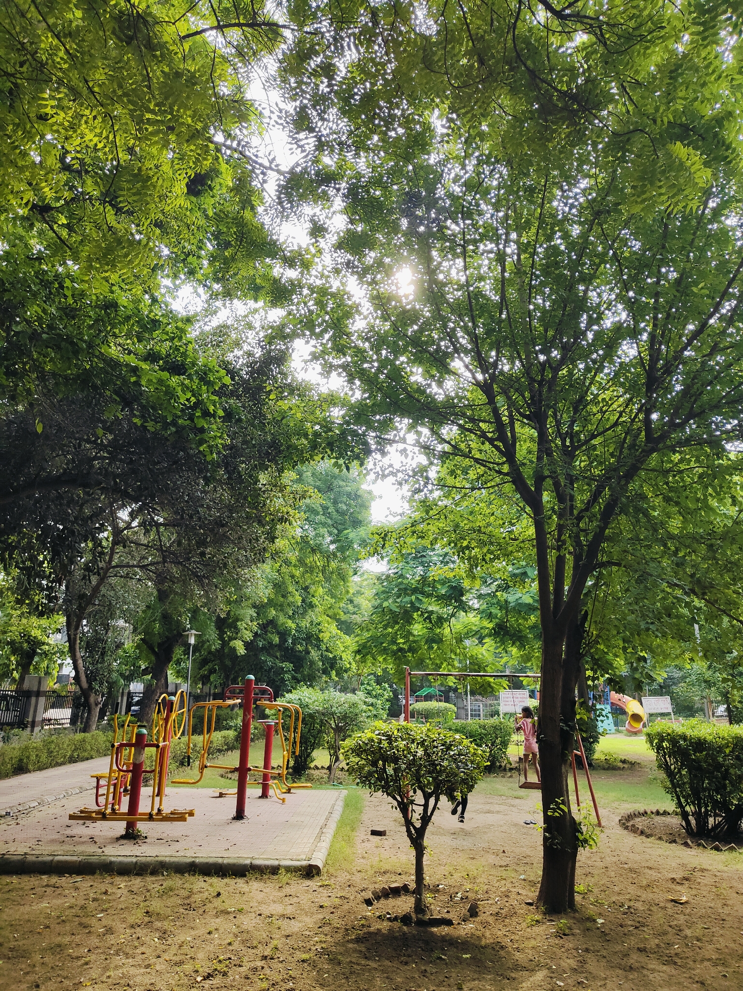 In Gurgaon, India, an outdoor park displays a variety of exercise equipment and a playground under lush green trees. In the foreground, several pieces of yellow and red outdoor gym equipment, including what appears to be a leg press and a rowing machine, are set up on a paved area. To the right, a large tree with dark bark and vibrant green leaves dominates the scene, with the sun filtering through its canopy. In the background, a playground features a swing set and a yellow slide. A young girl in a pink outfit is visible on the swing. The park has a sandy ground with fallen leaves scattered around, and well-maintained bushes lining the paths. A paved walkway is visible on the left, with a metal fence in the distance. The overall impression is that of a well-used community park, offering both fitness and recreational facilities.