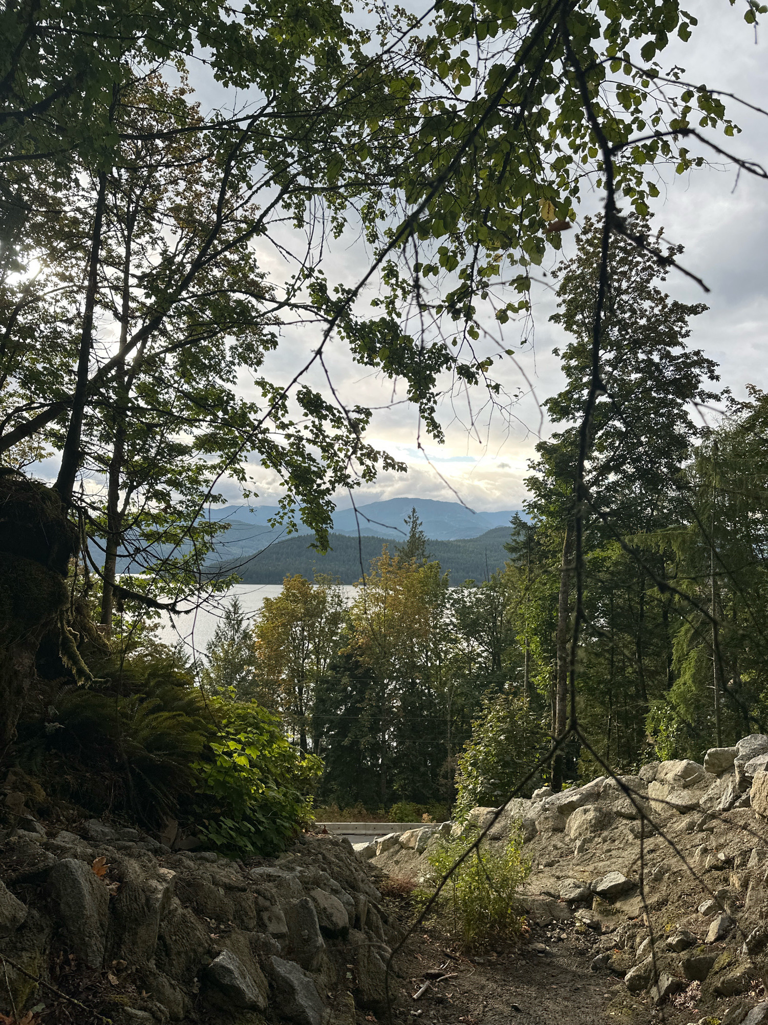 This image depicts a scenic view of a body of water bordered by forested hills and mountains, viewed through a frame of trees and rocky terrain. The foreground features a rocky path with loose stones and some greenery, including ferns and small bushes. The middle ground reveals a calm body of water, likely a lake or bay, with reflections of the sky and surrounding trees. Beyond the water, dense forests cover rolling hills, which transition into more distant mountain ranges. The sky is partly cloudy, with patches of sunlight breaking through. The vegetation suggests a temperate climate, with a mix of evergreen and deciduous trees, some of which show early signs of autumn foliage. The overall impression is of a natural, undisturbed landscape.