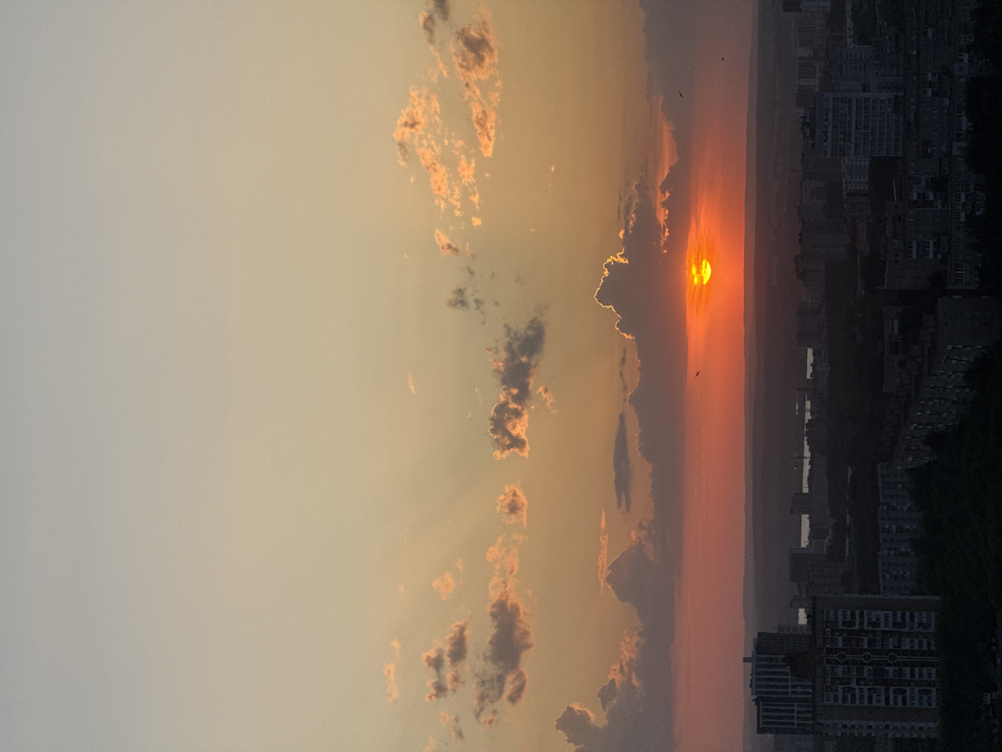 The image depicts a sunset over what appears to be a city. The sky is filled with clouds illuminated by the setting sun, with a visible transition from orange near the sun to a lighter yellow-gray. The sun is partially obscured by clouds. Below the horizon line, a cityscape is visible, including buildings of varying sizes. The image is oriented vertically, so the city appears sideways. Based on the location details, this is likely a view somewhere in the city of Мокино, Russia, although the image alone doesn't confirm a specific location. There are also a few dark spots scattered about that are potentially birds in flight.