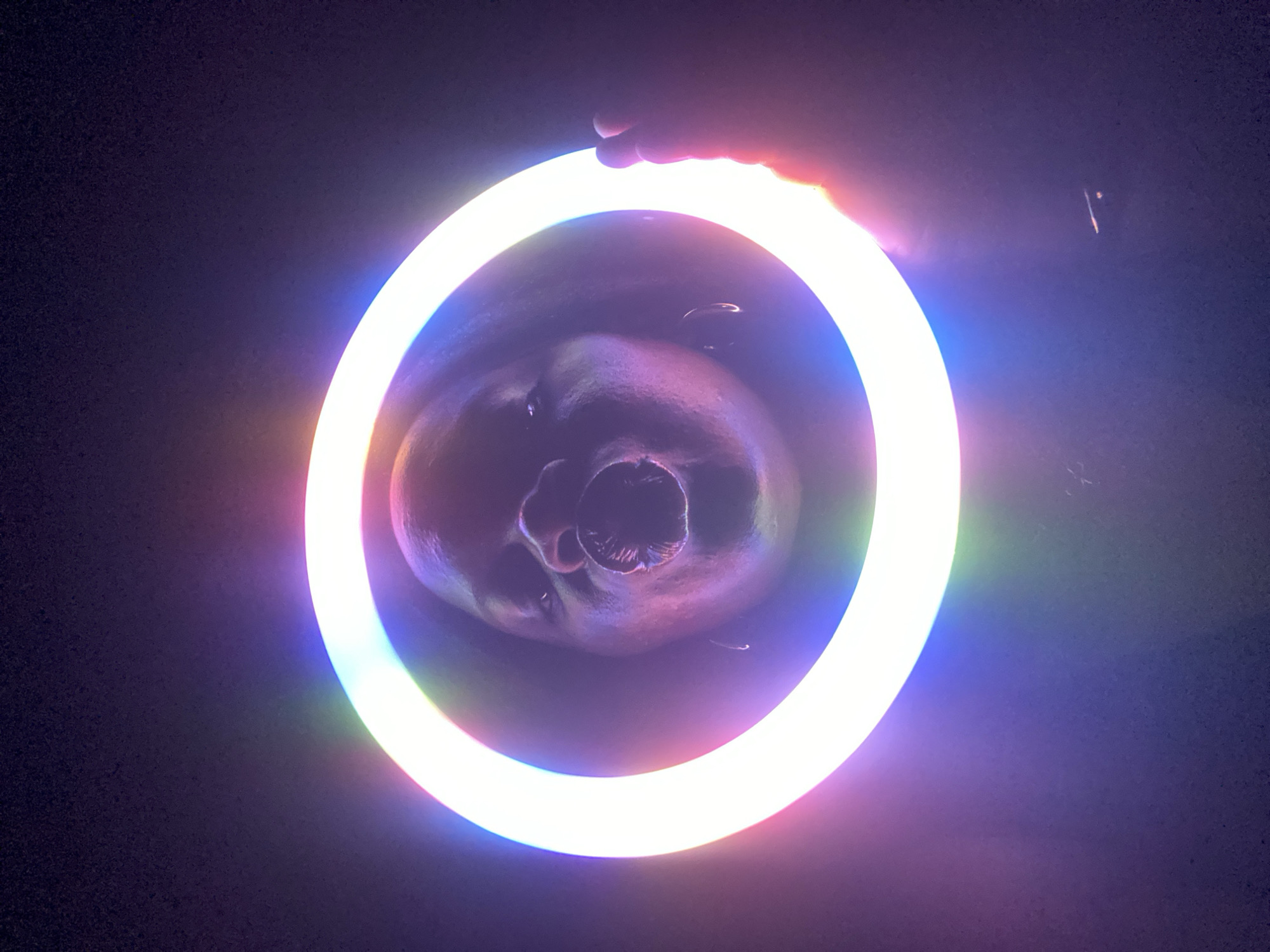 A person holds a light ring in front of their face in a dark environment. The light ring illuminates the person's face, highlighting their open mouth and facial features. A hand is visible holding the top of the ring light. The location is unknown.