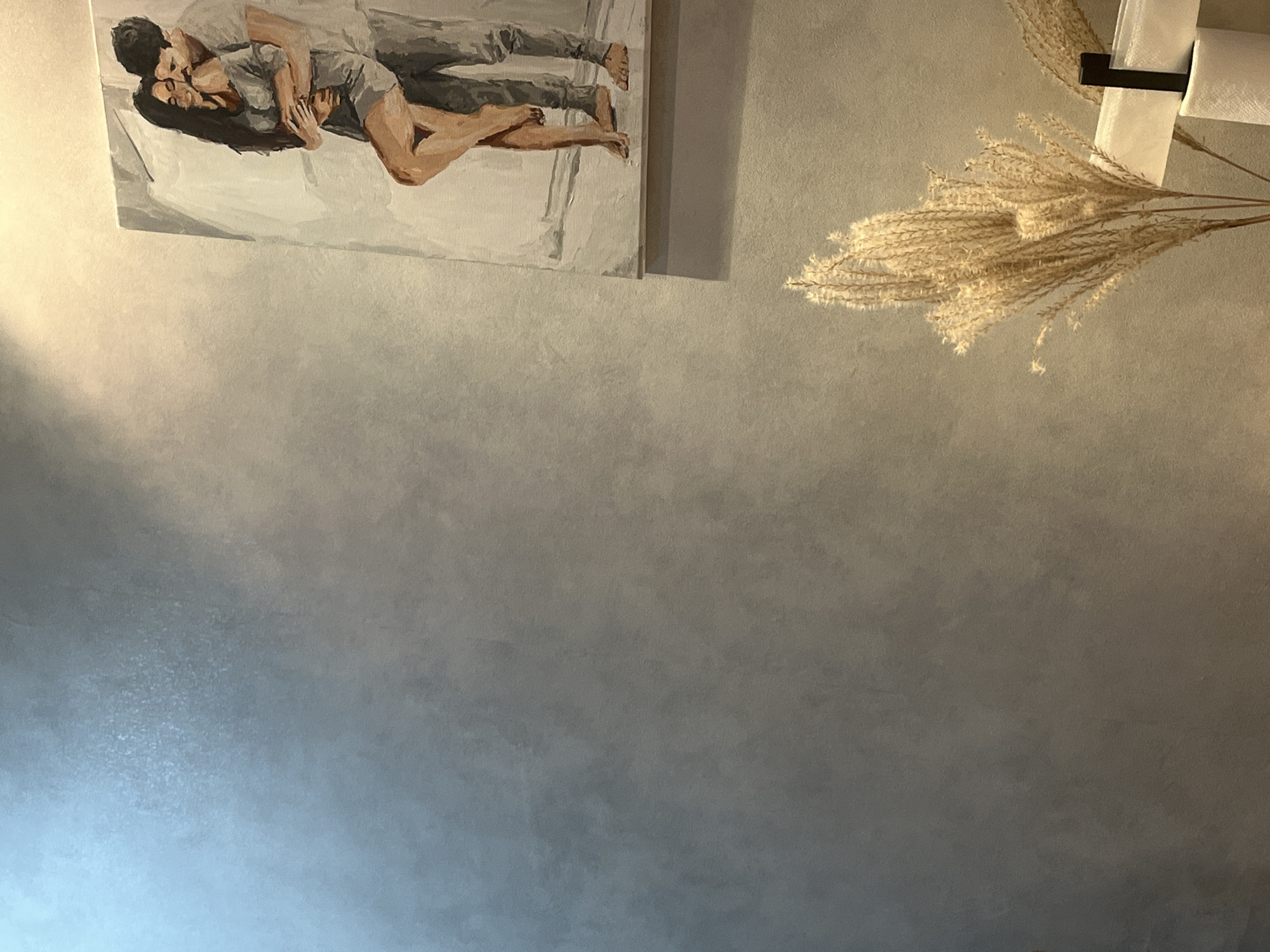 The image shows a painting of a couple embracing, hung on a textured gray wall. To the right of the painting, a dried pampas grass arrangement is placed on a surface, next to a white object that appears to be a tissue dispenser. The lighting in the room is warm, with a light source illuminating the top right corner of the wall and the painting. The scene is likely an interior setting, possibly a home or a business, in the city of Rybnitsa, Moldova.