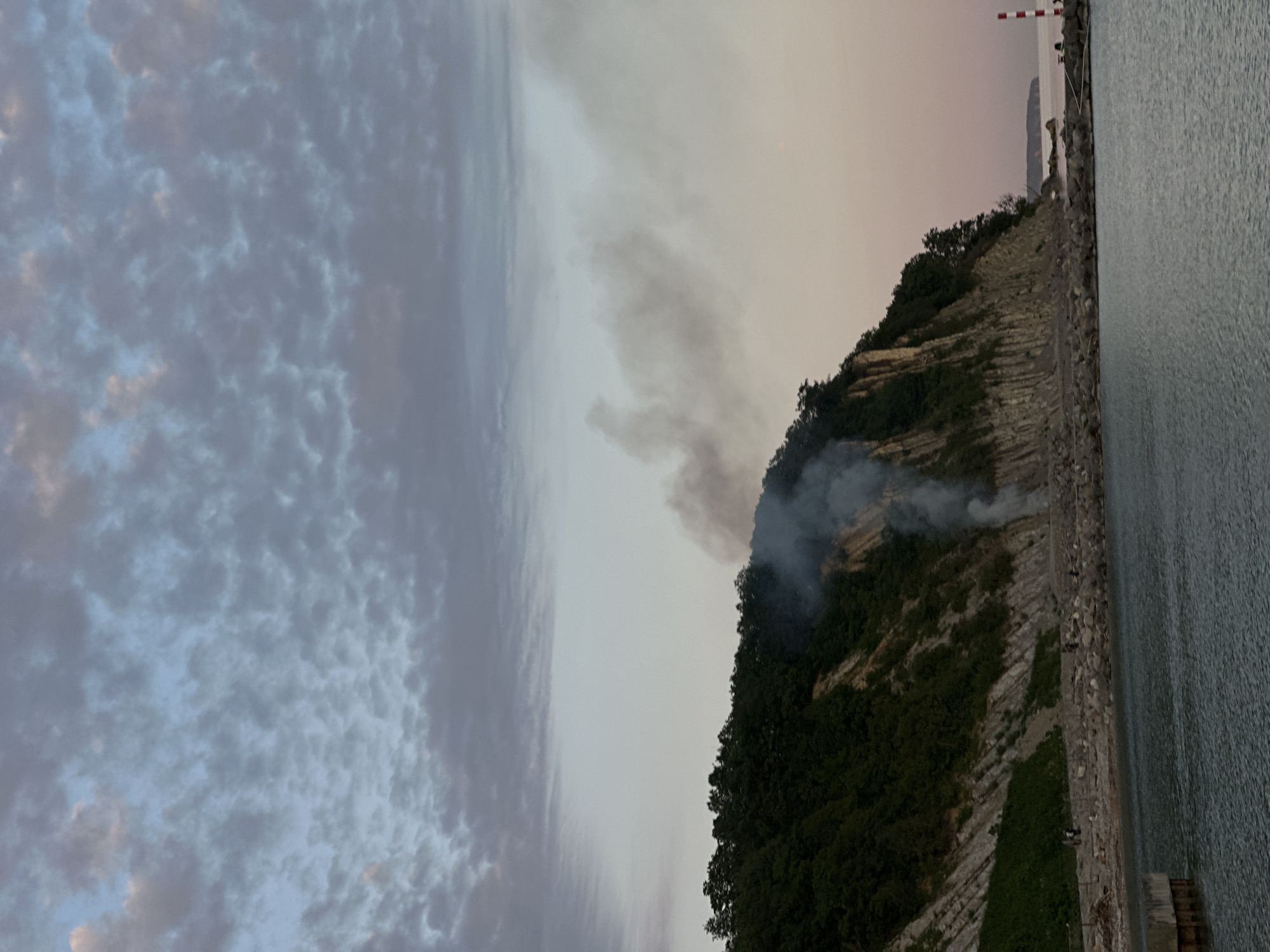 The image depicts a coastal landscape, likely near Lermontovo, Russia, under an overcast sky. A significant plume of dark gray smoke is rising from an active fire or burning area situated on a steep, forested hillside. The smoke spreads horizontally across the mid-ground, indicating ongoing combustion.
The hillside features a blend of dense green foliage, consisting of trees and shrubs, and visible sections of lighter-colored, exposed earth or rock that display a layered or terraced appearance. At the foot of the hill, a narrow, rocky or concrete path runs alongside a calm body of water, presumed to be the Black Sea. The water's surface exhibits gentle ripples, reflecting the subdued light from the sky.
Towards the right side of the image, a man-made structure, possibly a breakwater or pier, extends into the sea. A tall red and white striped pole, which appears to be a navigational marker or a small lighthouse, is prominently visible at the end of this structure.
The sky is largely covered by a layer of textured, patchy clouds, suggesting an overcast day. A subtle pinkish hue is visible near the horizon on the right, possibly indicating the time of day as dawn or dusk, or atmospheric haze. There are no discernible people, animals, or visible text in the scene. The presence of smoke indicates an event of concern, likely a fire on the natural landscape.
