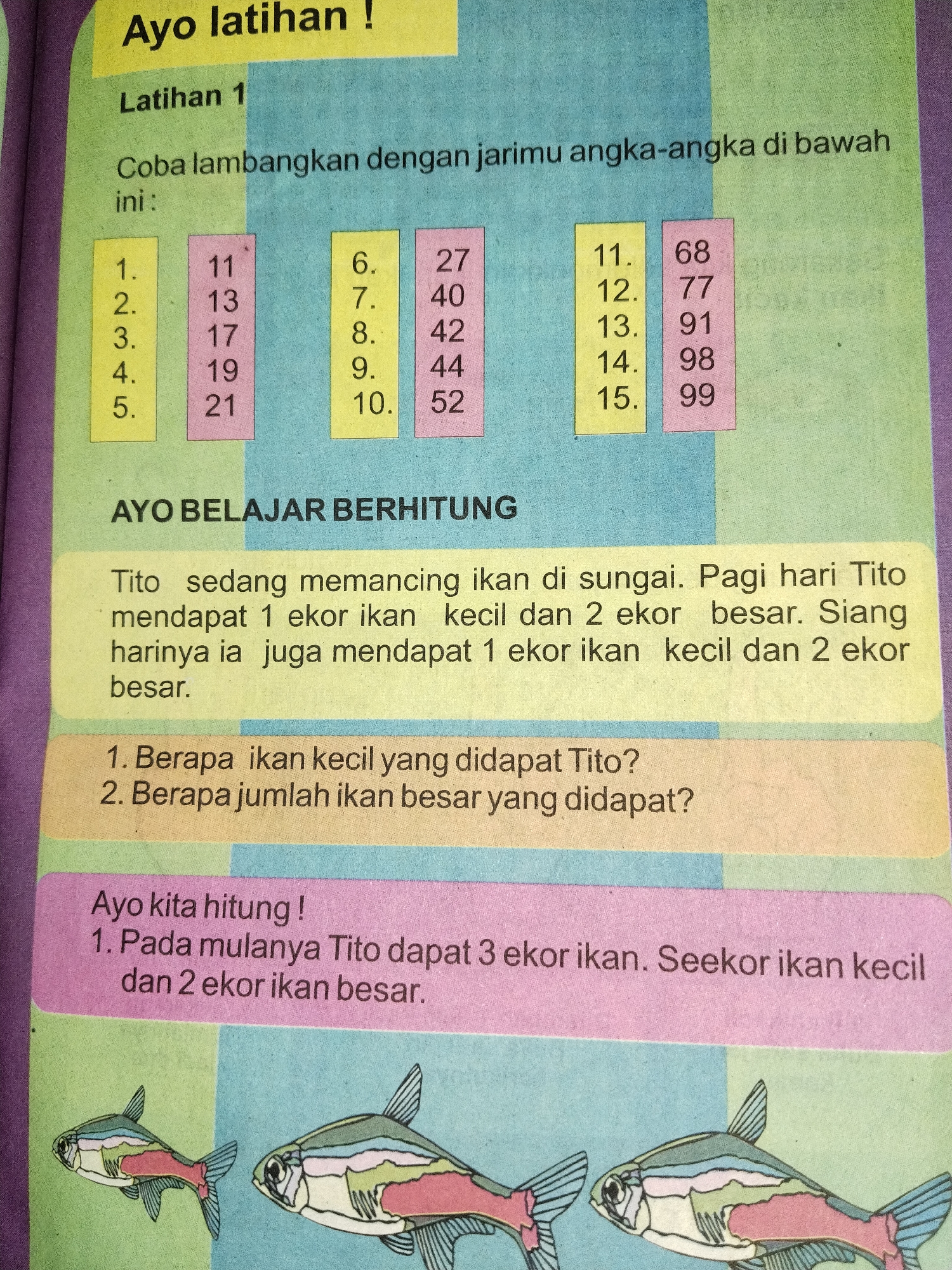 The image is of a page from a children's educational book, likely for early elementary school students, with the title "Ayo latihan!" (Let's practice!). The page is divided into several sections with colorful backgrounds and cartoon illustrations of fish.
The top section, titled "Latihan 1" (Exercise 1), contains a set of numbers arranged in columns, presumably for a matching or sequencing activity. There are two columns of numbers, one with single-digit numbers and another with double-digit numbers.
Below this, a section titled "AYO BELAJAR BERHITUNG" (Let's learn to count) presents a word problem about a character named Tito who is fishing. The problem describes the types and quantities of fish Tito catches throughout the day.
Following the word problem are two numbered questions related to Tito's fishing trip: "1. Berapa ikan kecil yang didapat Tito?" (How many small fish did Tito get?) and "2. Berapa jumlah ikan besar yang didapat?" (What is the total number of big fish caught?).
The bottom section, titled "Ayo kita hitung!" (Let's count!), introduces another word problem, this time with a different scenario involving Tito catching fish. It states, "1. Pada mulanya Tito dapat 3 ekor ikan. Seekor ikan kecil dan 2 ekor ikan besar." (1. Initially, Tito got 3 fish. One small fish and 2 big fish.). This section is accompanied by illustrations of three cartoon fish, two of which are larger and one is smaller, at the very bottom of the page.
The page is laid out in a way that is visually engaging for children, using bright colors and simple illustrations. The content focuses on basic arithmetic and problem-solving skills. There is no information or visual context to suggest any connection to Bandung City, Indonesia, or any specific urban environment.
