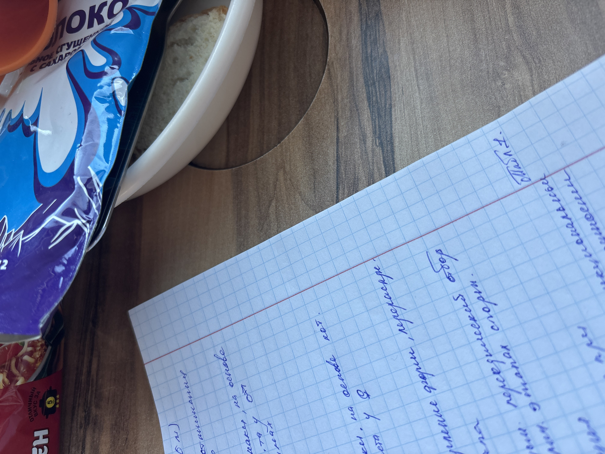 This scene, located in Chany, Russia, depicts a close-up, high-angle view of a wooden surface. In the lower left and central foreground, a white, grid-lined notebook featuring blue squares and a red vertical margin line displays blue handwritten text in Russian. In the upper right quadrant, a white ceramic bowl contains a piece of white bread. Resting on the rim or within the bowl, a blue and white plastic package is visible, partially obscured, with visible text including 'МОЛОКО СГУЩЕННОЕ С САХАРОМ' (CONDENSED MILK WITH SUGAR). An orange cylindrical object, possibly a cup, is partially visible adjacent to the blue and white package. In the upper left quadrant, a red plastic package is partially visible, displaying 'ОТЛИЧНЫЙ ВКУС' (EXCELLENT TASTE) and the number '5'. No individuals are present in the image.