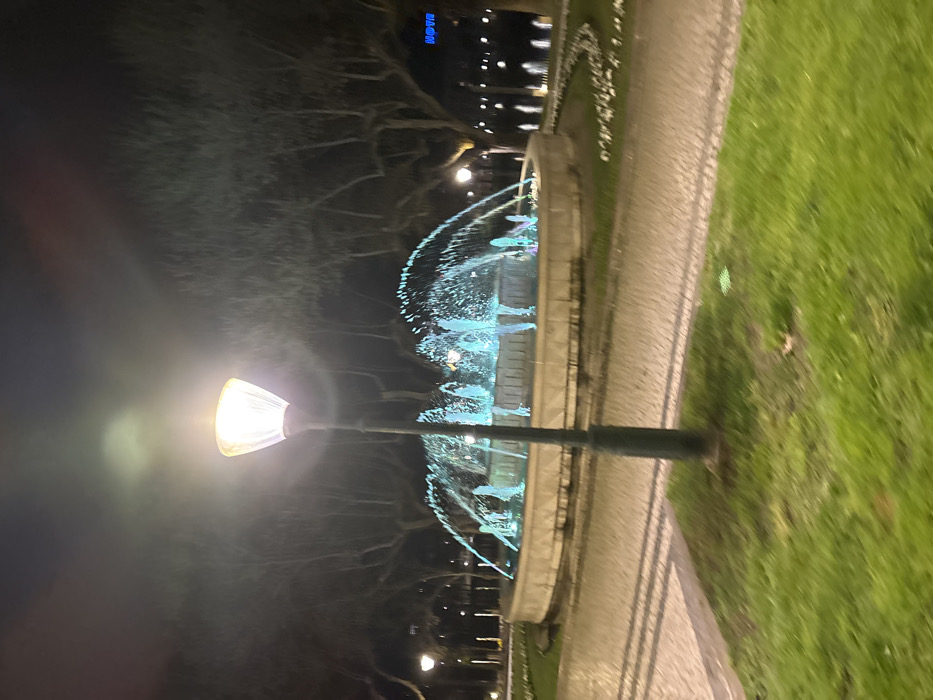 The image depicts a nighttime scene in a public space in Mirandela, Portugal. A large, circular stone fountain dominates the midground, with multiple water jets illuminated in vibrant blue and green hues. In the foreground, a dark-colored street lamp with a bright, conical light fixture stands centrally. Green grass sections are visible on either side of the lamp, bordering a light-toned, paved pathway constructed of cobblestones. Beyond the fountain, a line of deciduous trees with bare branches is visible against the dark sky. Additional artificial lights are scattered throughout the background. To the far right, a blue neon sign spelling "HOTEL" is discernible on a distant building. No individuals are present within the frame.