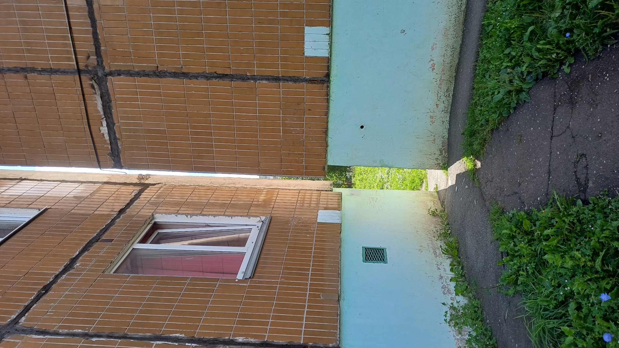 The image depicts a narrow pathway between two apartment buildings in Izhevsk, Russia. Both buildings have facades covered in light brown square tiles and a light blue painted base. The building on the left has a white-framed window with pink curtains visible. A small rectangular vent is present on the blue base of this building. The building on the right has a dark circular hole on its blue base. The pathway is made of cracked asphalt and is overgrown with green grass and small blue wildflowers. Sunlight casts a shadow across the pathway, indicating it is midday or afternoon. The overall scene suggests a typical urban residential area in Russia.
