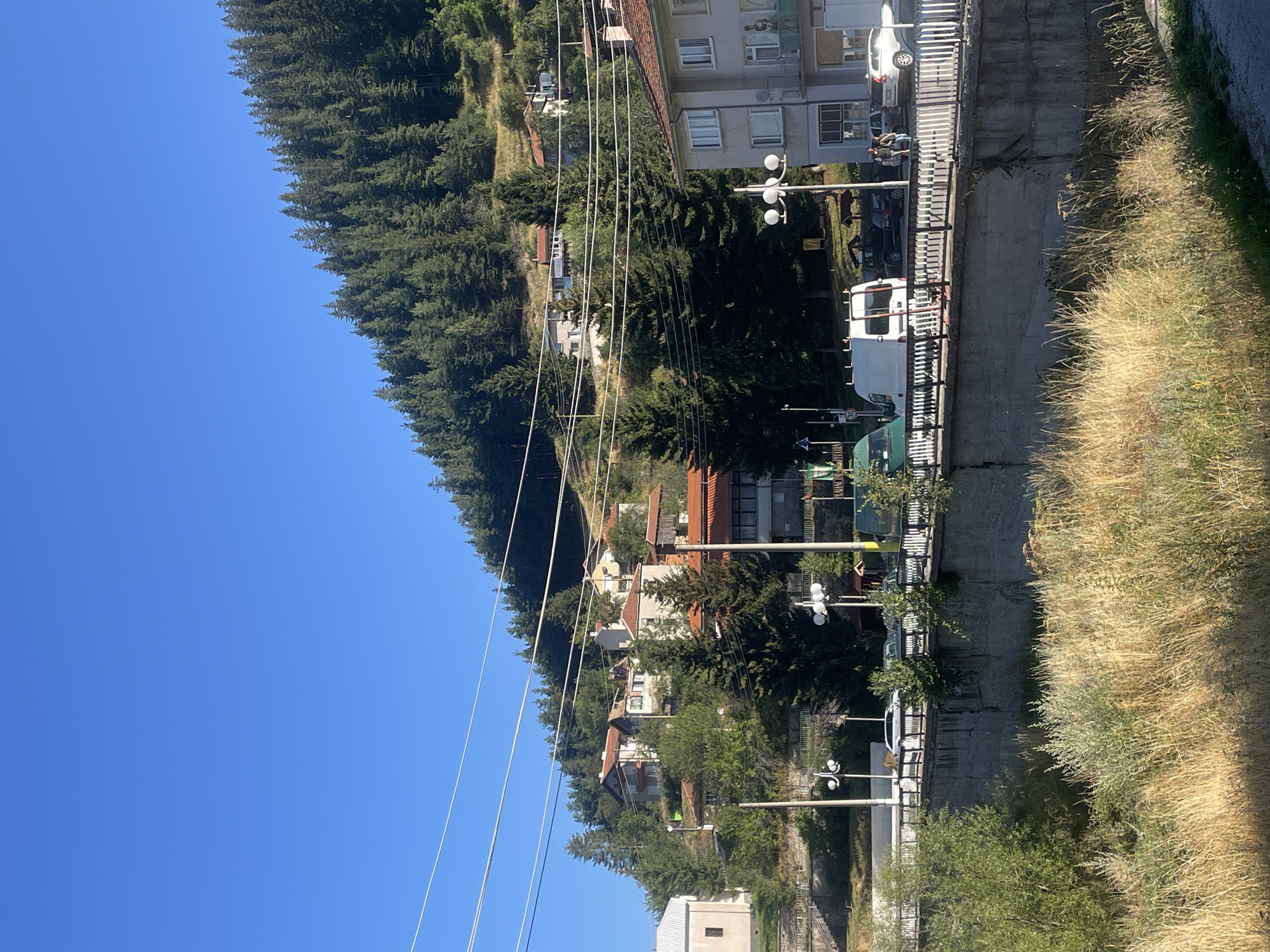 The image shows a view of the city of Manastir, Bulgaria, from a slightly elevated position. The foreground is dominated by dry, tall grass and vegetation. A concrete bridge spans across the frame in the mid-ground, with a railing along its edge. Several vehicles, including a white van, a green van, cars, and an SUV, are visible on the bridge.
Beyond the bridge, a street runs along the base of a steep hill. Buildings with red-tiled roofs and light-colored facades are scattered on the hillside, interspersed with numerous evergreen trees. The trees extend to the crest of the hill, which is densely covered with a forest of pine trees. A clear blue sky occupies the upper portion of the image. Power lines are visible stretching across the sky and over the landscape. In the far right of the image, a multi-story building with a light gray facade and white-framed windows is present. Two individuals are seen walking on the sidewalk in front of this building.