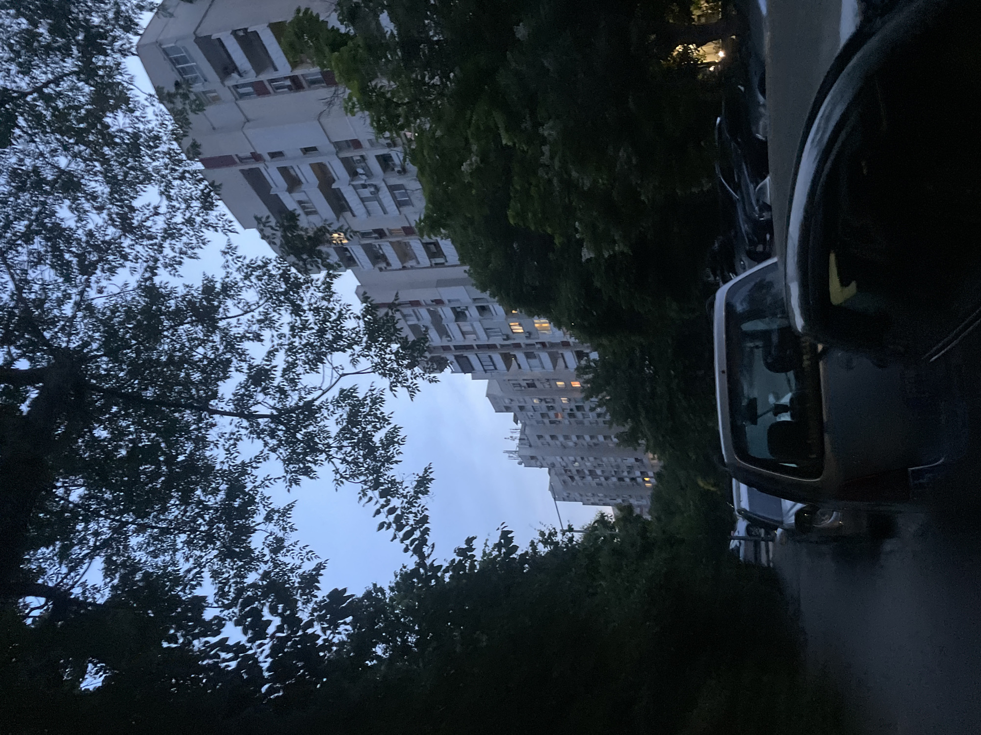 The image depicts an urban scene at dusk, likely in the city of Unknown, Unknown. In the foreground, several cars are parked along a wet street or sidewalk, with the rear of a dark-colored vehicle filling the bottom right portion of the frame. Beyond the parked cars, a row of multi-story apartment buildings stretches into the distance. These buildings have numerous windows, with some illuminated from within, suggesting the presence of residents. Lush green trees line the street and partially obscure the buildings, casting shadows and creating a sense of enclosure. The sky above is a muted twilight blue. The overall atmosphere is quiet and somewhat dim, characteristic of early evening in a residential area.