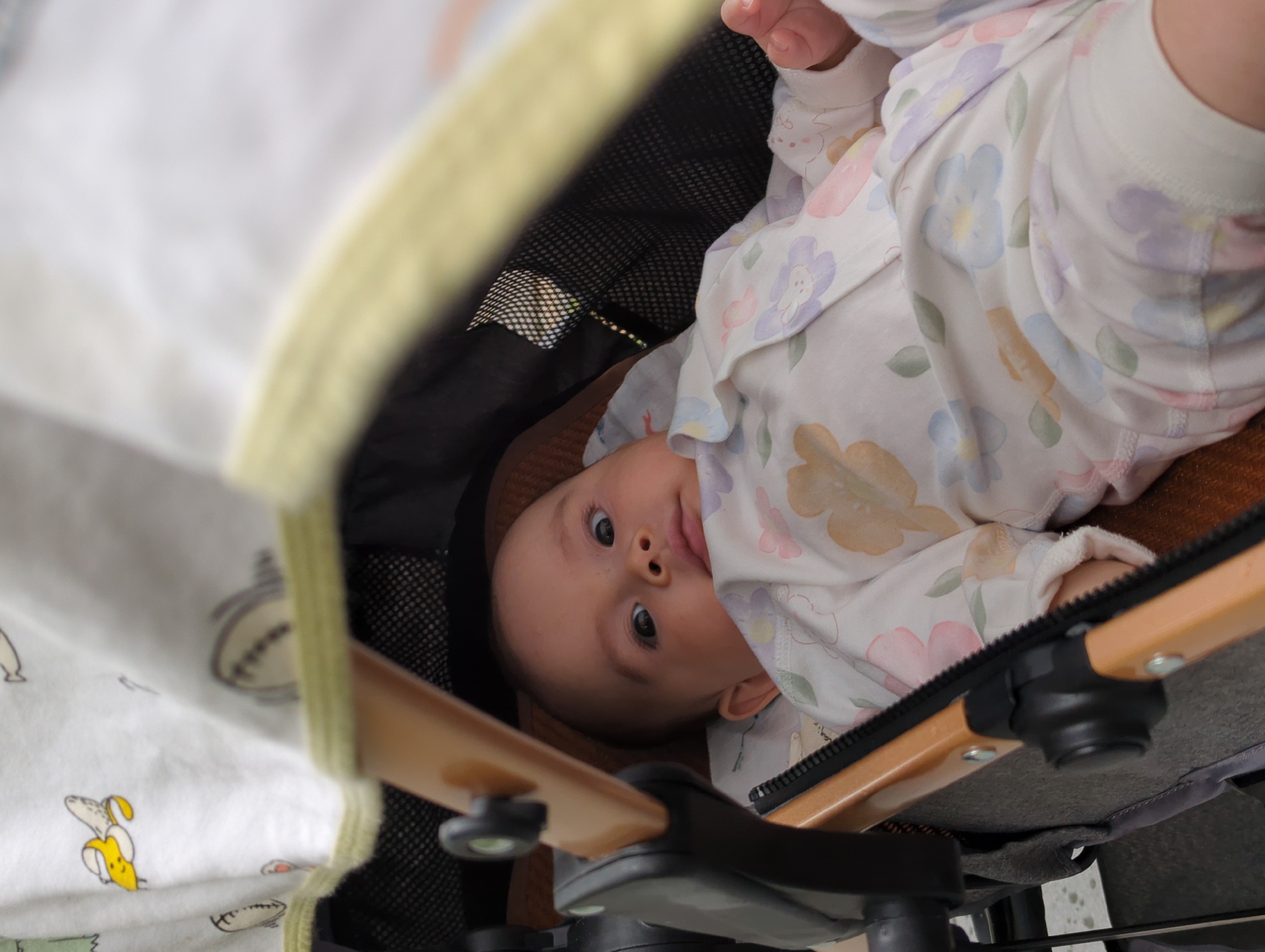 A baby lies in a stroller, face up, with the camera pointing down into the stroller. The baby wears a white floral patterned long-sleeved outfit. The stroller has a tan and yellow trim and a white canopy with a pattern of yellow bananas and baseballs. The location cannot be determined from the image.