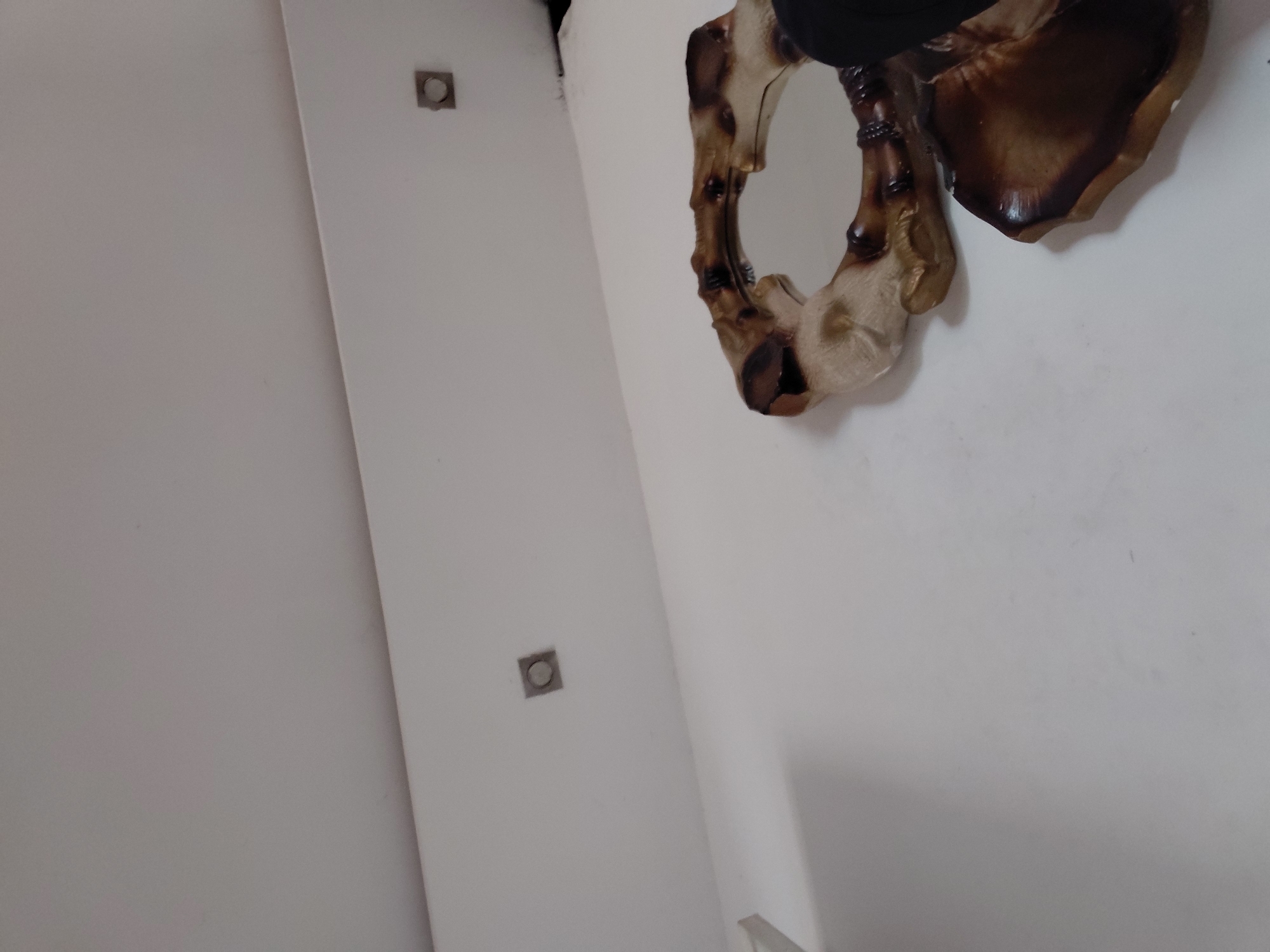 An indoor scene captured at an angled perspective shows a corner where two white or off-white walls meet, possibly a wall and a ceiling. On the right-hand wall, a highly decorative, irregularly shaped mirror is mounted. The mirror's frame has an organic, flowing design, appearing to be crafted from wood or a wood-like material, with varying shades of dark brown, light brown, and possibly gold or beige accents, giving it a somewhat rustic or natural aesthetic. A small, dark, indistinct object is visible at the top edge of the mirror.
On the left-hand surface, which could be an adjacent wall or ceiling, there are two square, recessed elements with circular centers, embedded into the white surface. These elements are spaced vertically, with one visible in the upper-left quadrant and another in the lower-middle-left. The surfaces are plain, with minor textural variations. No people are visible. The setting appears to be a room or hallway in Santa Ana, Venezuela, with static decor. There is no visible text.