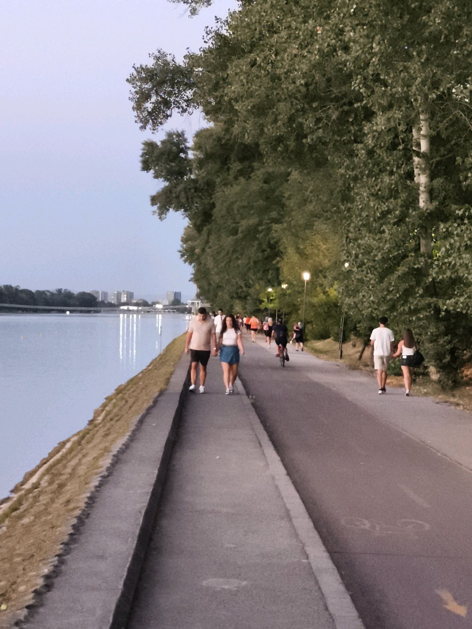 The image depicts a scene in an urban park-like setting, likely along a waterfront, with a pathway and a body of water. A couple is walking on the pathway in the foreground, with the man wearing a light brown t-shirt and dark shorts, and the woman wearing a white top and a blue skirt. They are walking hand-in-hand. Further down the pathway, several other individuals are visible, some walking, and one person is riding a bicycle. The pathway is paved, and it runs alongside a body of water that reflects the lights of buildings in the distance. Dense foliage, including trees with white bark, borders the pathway on the right side of the image. The sky is overcast and appears to be twilight or early evening. The overall impression is one of a leisurely activity taking place in a public recreational area within a city.