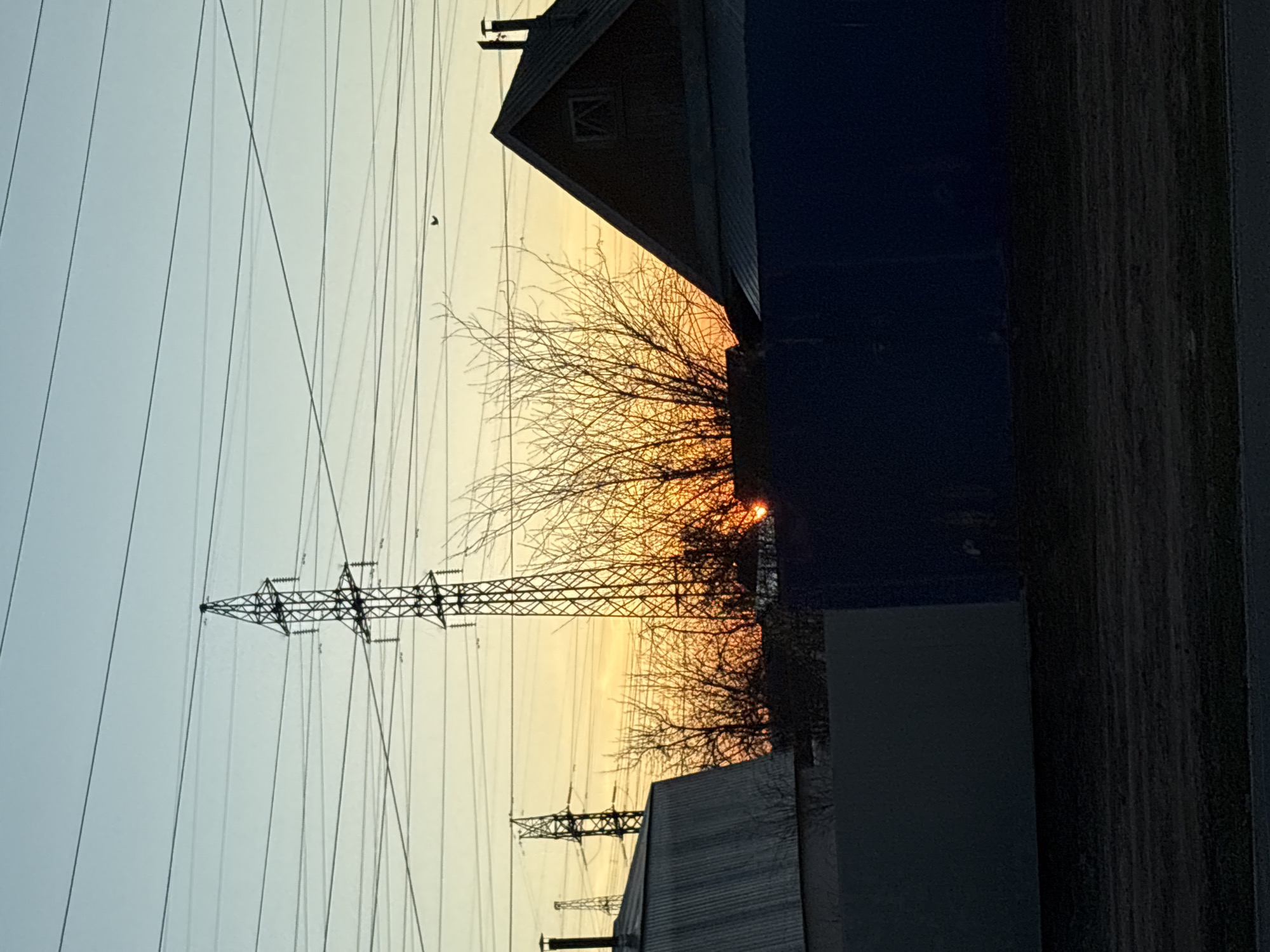 The image shows a power line tower, bare trees, and parts of buildings silhouetted against a sunset or sunrise. Power lines are strung across the sky. The location appears to be an urban area, possibly near Chaikovsky, Russia, given the mix of industrial elements (power lines) and buildings. There are no people visible.