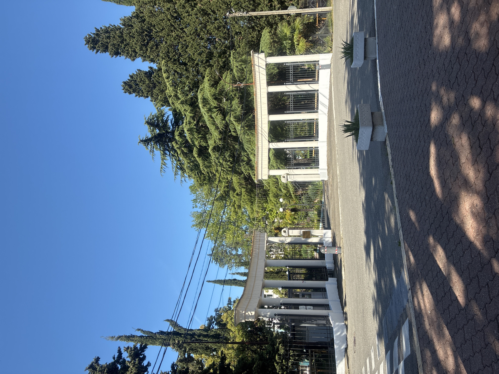 The image, captured in a vertical (portrait) orientation but depicting a scene best viewed horizontally, presents a sunny outdoor setting in Sochi, Russia. It features a grand architectural entrance or gate flanked by lush greenery and a paved pathway.
The focal point is a long, white, classical-style gate structure. It consists of multiple white columns supporting an architrave, with black metal fencing or gates integrated between the columns. A small, unreadable rectangular sign is visible on one of the rightmost columns. The structure appears to mark the entrance to a property or park, with tall, dense evergreen trees, possibly cypresses, forming a natural wall behind it. A clear, bright blue sky dominates the upper left portion of the image, indicating excellent weather. Power lines are visible stretching across the sky and in front of the trees.
To the right of the gate, there is a paved area divided into two sections. The section closer to the gate is an asphalt road, while the outer section is a reddish-brown, textured paver walkway. Long, distinct shadows of trees and potentially the gate structure are cast across these paved surfaces, suggesting bright, direct sunlight—likely mid-morning or late afternoon. Several rectangular, grey planters containing spiky green plants are placed along the edge of the asphalt road. White road markings, possibly part of a crosswalk or parking lines, are also visible on the asphalt.
A lone individual, appearing to be a small adult or child in light clothing, is faintly visible near the gate structure, seemingly walking or standing. The overall atmosphere is calm and pleasant, with the vibrant green foliage and clear sky characteristic of a warm, sunny day in a subtropical region like Sochi.