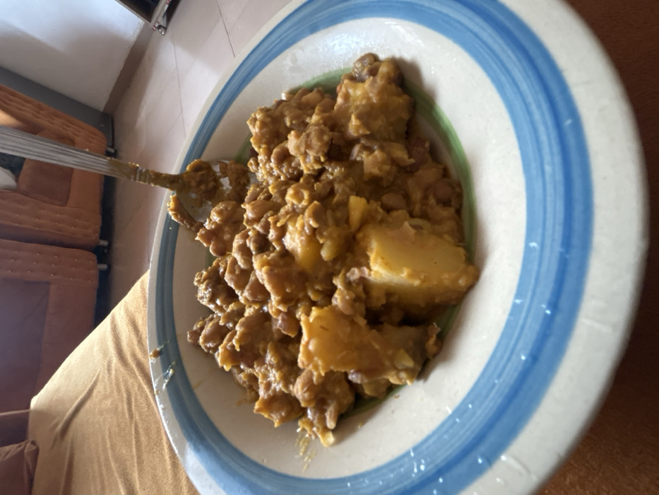 A bowl of food sits on a table. The bowl has a blue and white striped pattern. The food appears to be a mix of beans and potatoes, covered in a brown sauce or gravy. A spoon is resting inside the bowl, holding a small portion of the food. The food is rustic and looks homemade, suggesting a hearty, comforting meal.