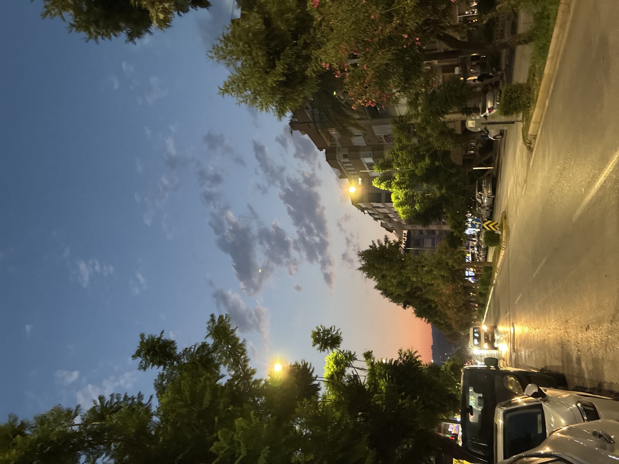 This image depicts a street scene in Alanya, Turkey, during twilight. The viewpoint is from a slightly elevated perspective looking down a road lined with trees and buildings. The sky shows a gradient of colors from deep blue at the top to a soft orange and pink hue near the horizon, indicating sunset or sunrise. Scattered clouds are visible in the sky.
The foreground is dominated by the lush green foliage of trees, some with pink flowers, suggesting a Mediterranean setting. A street is visible to the right, wet and reflecting the lights of street lamps and vehicles. Several cars are parked along the street and on the road. Some buildings, appearing to be apartment blocks, are situated behind the trees.
Streetlights are illuminated, casting a warm glow on the wet asphalt. The overall atmosphere is peaceful and serene, capturing the transition from day to night. No people are clearly visible in the image. There is no visible text in the image. The time of day is clearly twilight, with the soft light suggesting the end of the day. The wetness of the road might indicate recent rain or a sprinkler system.