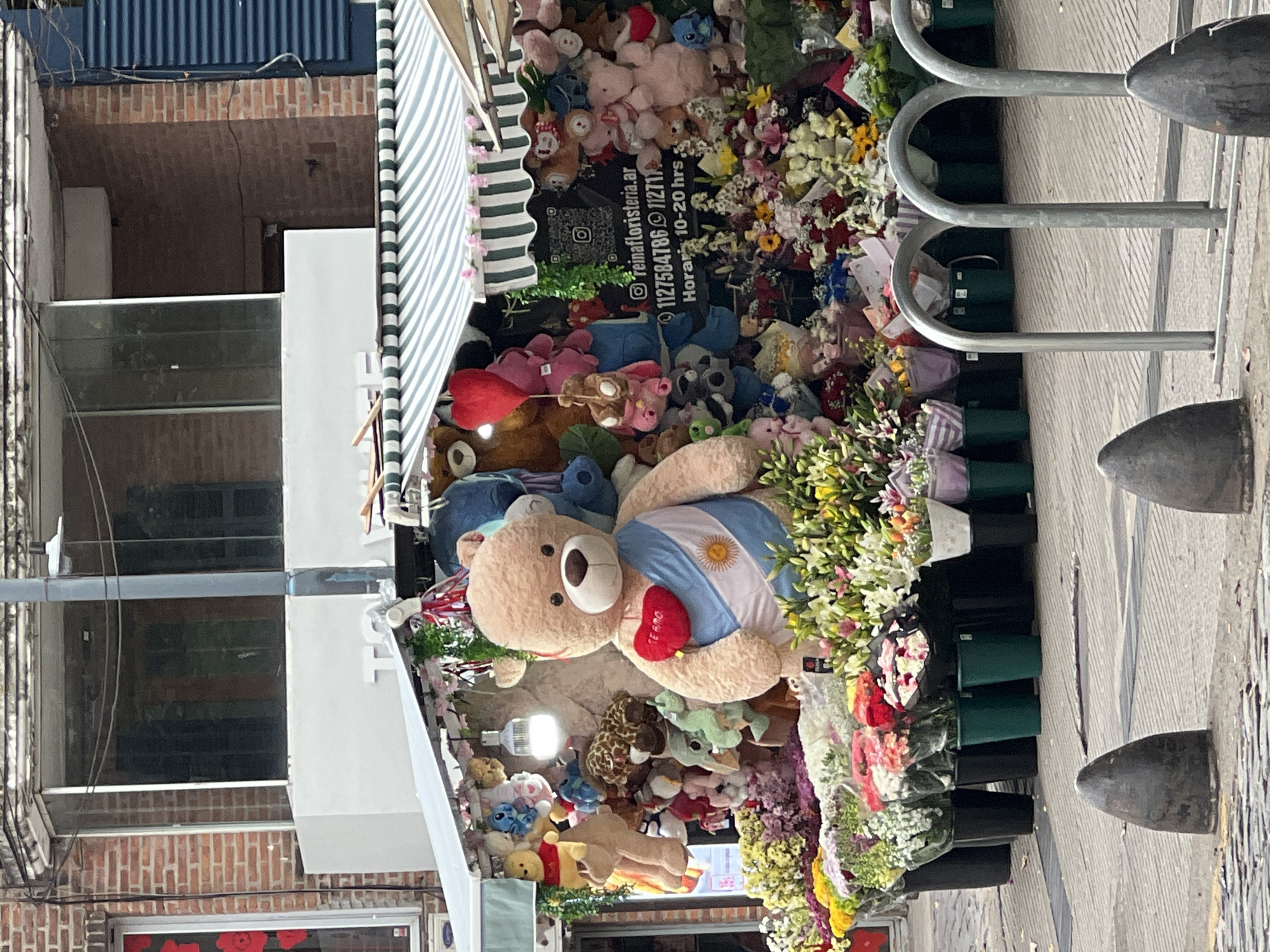 A sidewalk flower and gift shop in Buenos Aires, Argentina is crammed with flowers and plush toys. A teddy bear wearing an Argentinian flag shirt and holding a heart saying "Te Amo" is prominent. Black and white striped awning. Metal bike rack on the sidewalk. Brick building in the background. A sign shows the shop's Instagram handle and phone number.
