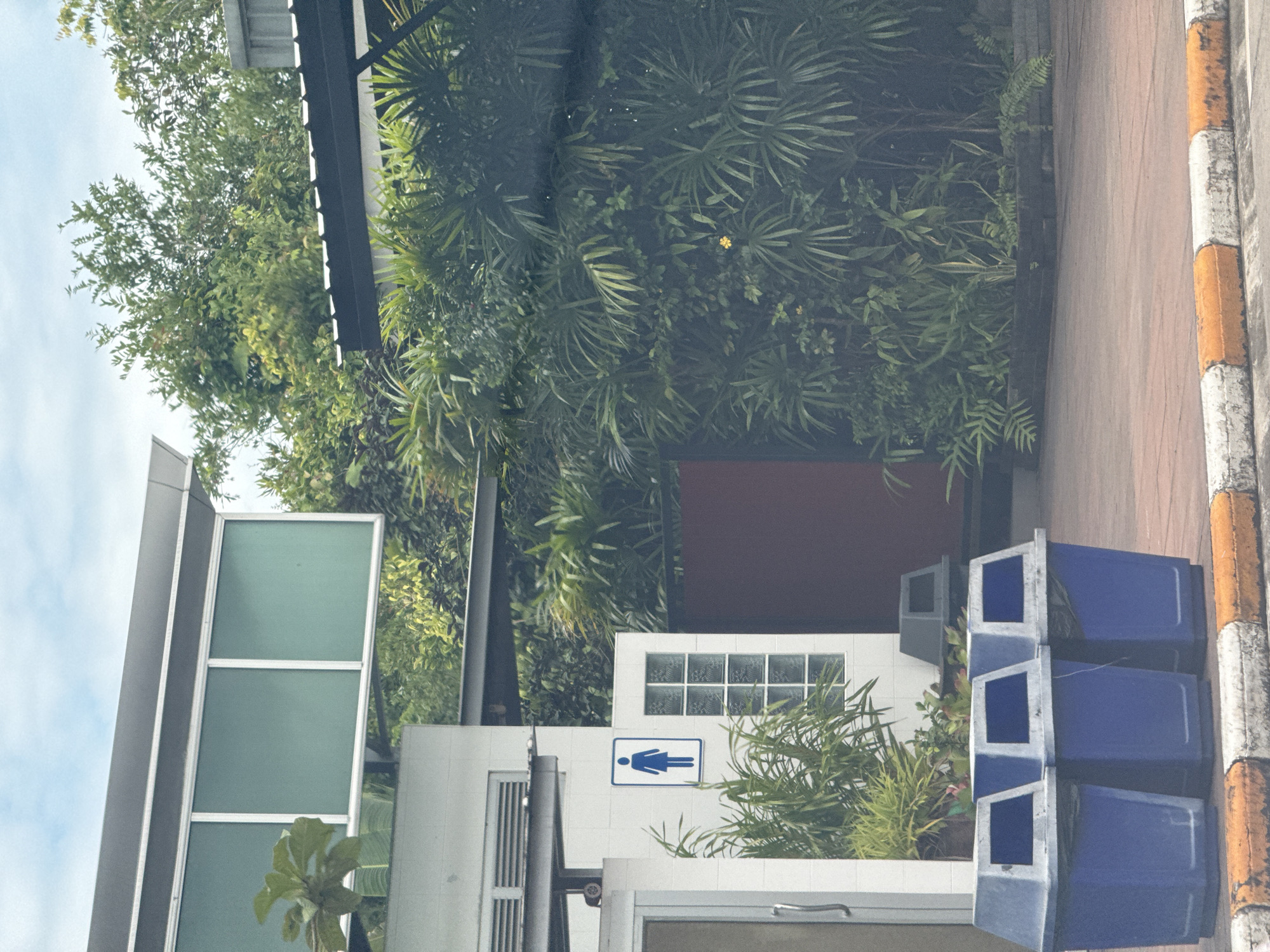 The image captures a public restroom facility located in Ban Nai Huai, Thailand, on an overcast day. In the foreground, three blue trash receptacles stand in a row on a paved walkway. A curb with alternating orange and white painted sections runs along the edge of the walkway. The restroom building itself is white with a modern, cantilevered roof structure. A blue and white sign depicting a female figure, indicating a women's restroom, is affixed to the building's exterior. Adjacent to the sign is a window made of frosted glass panes. Dense green foliage, including palm-like plants and other lush vegetation, surrounds the building and extends into the background. A dark red wall is visible behind the foliage. Overhead, a grey roof structure partially obscures the cloudy sky.