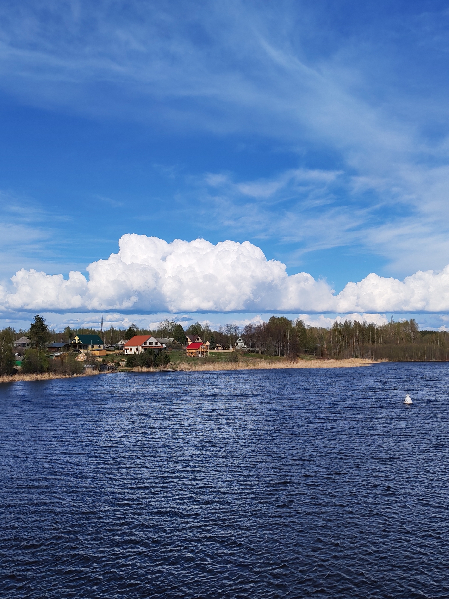 The image shows a body of dark blue water, possibly a lake or river, under a bright blue sky dotted with fluffy white clouds. On the opposite shore, there is a cluster of houses, some with red roofs, nestled among trees. Reeds line the shoreline in certain areas. A white buoy is visible in the water. The location is likely near the village of Анхимово, Russia, given the landscape features.