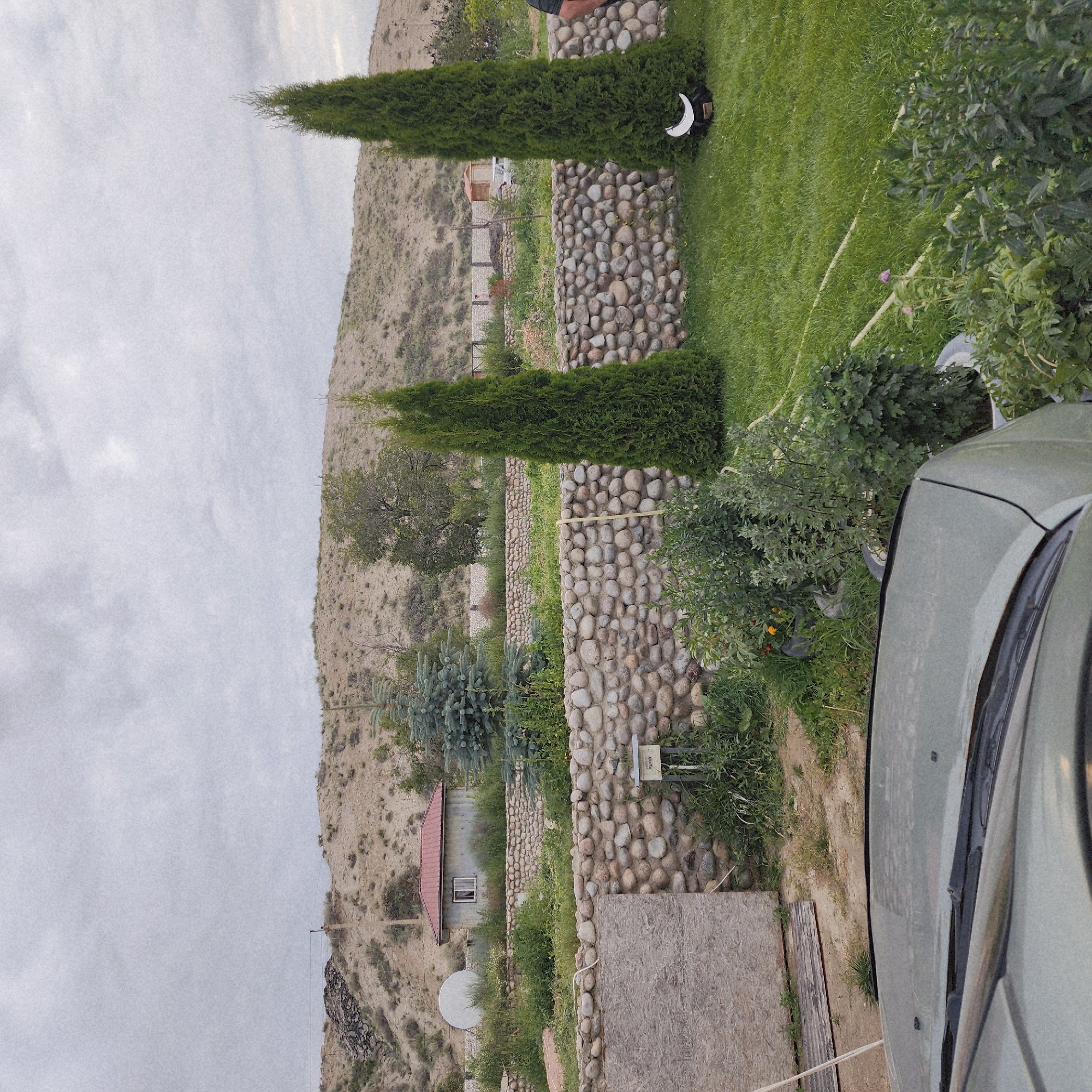 The image depicts an overcast outdoor scene with a partially visible car in the foreground, its hood and windshield wipers visible. The background features a low, beige hill with sparse vegetation. A stone wall constructed from rounded river stones runs horizontally across the midground, separating a grassy area from a more rugged terrain. Behind the stone wall, a small, light-colored building with a red roof is situated. Two tall, slender evergreen trees stand prominently in the foreground on the right side of the image. In the far distance, a light-colored car is parked near a small wooden structure. The overall environment suggests a rural or semi-rural setting within the city of Төрт-Күл, Kyrgyzstan.