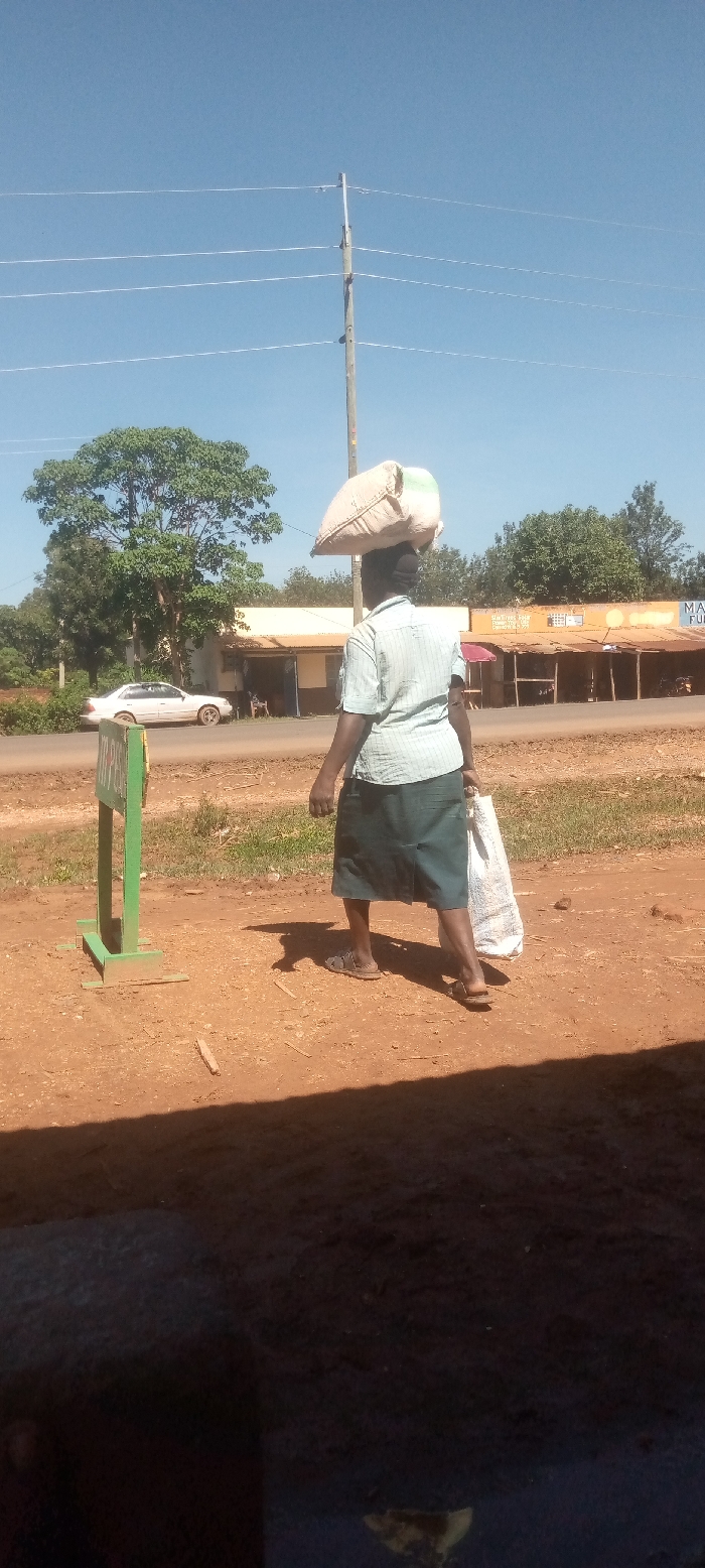 The image shows a woman walking on a dirt road. The woman is wearing a light blue and white checkered shirt, a green skirt, and sandals. She is carrying a white bag and a large bag of goods on her head. The woman is walking towards the right side of the image. In the background, there are trees, a white car, and a structure with a yellow sign. The woman is walking past a green sign with white lettering. The sky is blue with white clouds. The location is Kivaywa, Kenya, at the coordinates 0.56 latitude and 34.805 longitude.
