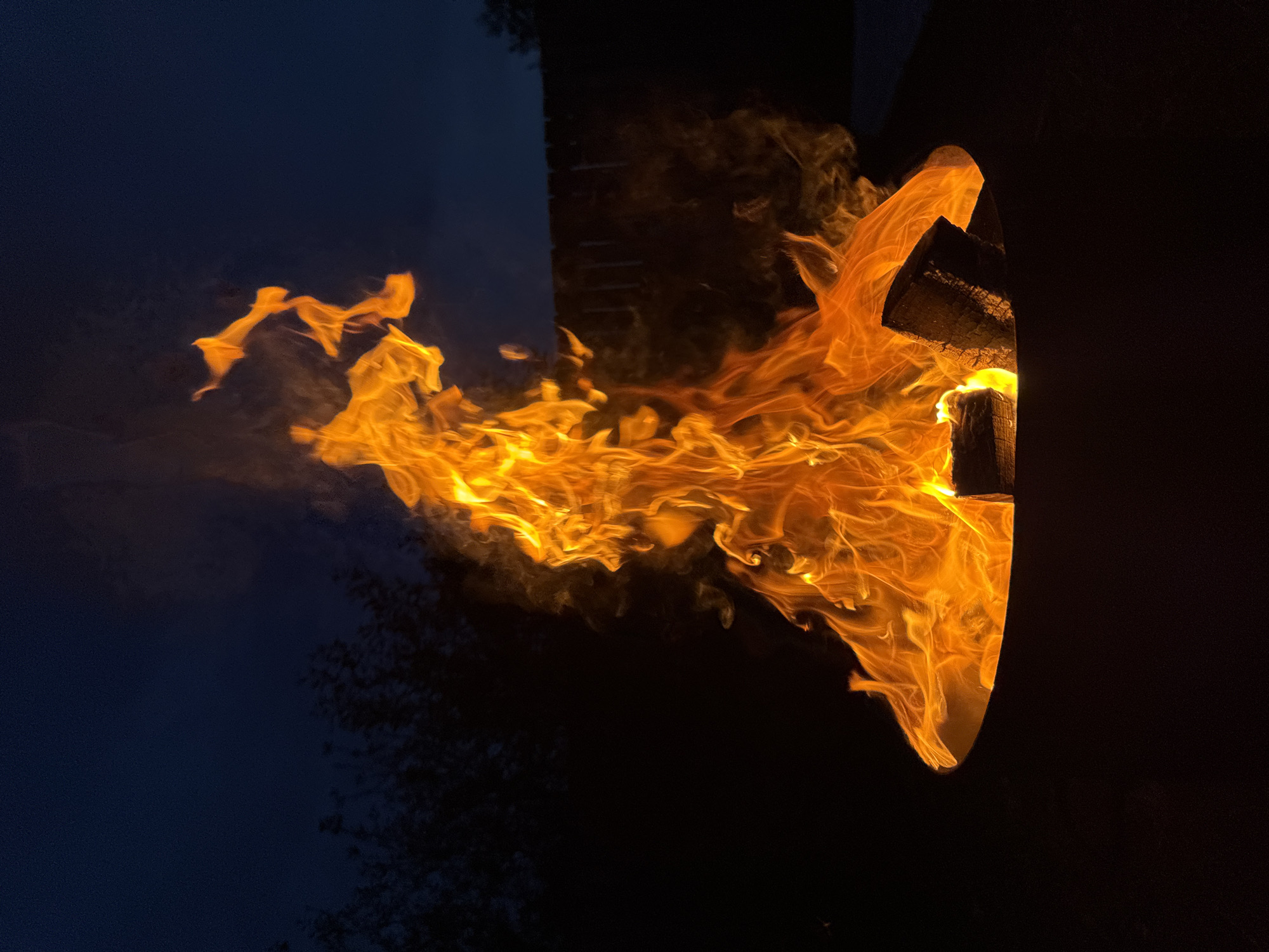 A large, vibrant bonfire burns intensely in a dark outdoor setting, likely at night given the deep blue sky. The flames are predominantly orange and yellow, with wisps of white smoke rising from the top, creating dynamic and abstract shapes against the darkness. The fire is contained within a circular, dark-colored fire pit, which is partially visible at the bottom of the frame. Two logs of wood are seen burning within the fire pit, with one log prominently angled upwards. In the background, silhouetted trees and a dark fence are faintly discernible against the dusky sky, suggesting a backyard or a rural perimeter. The overall scene evokes a sense of warmth and natural energy.