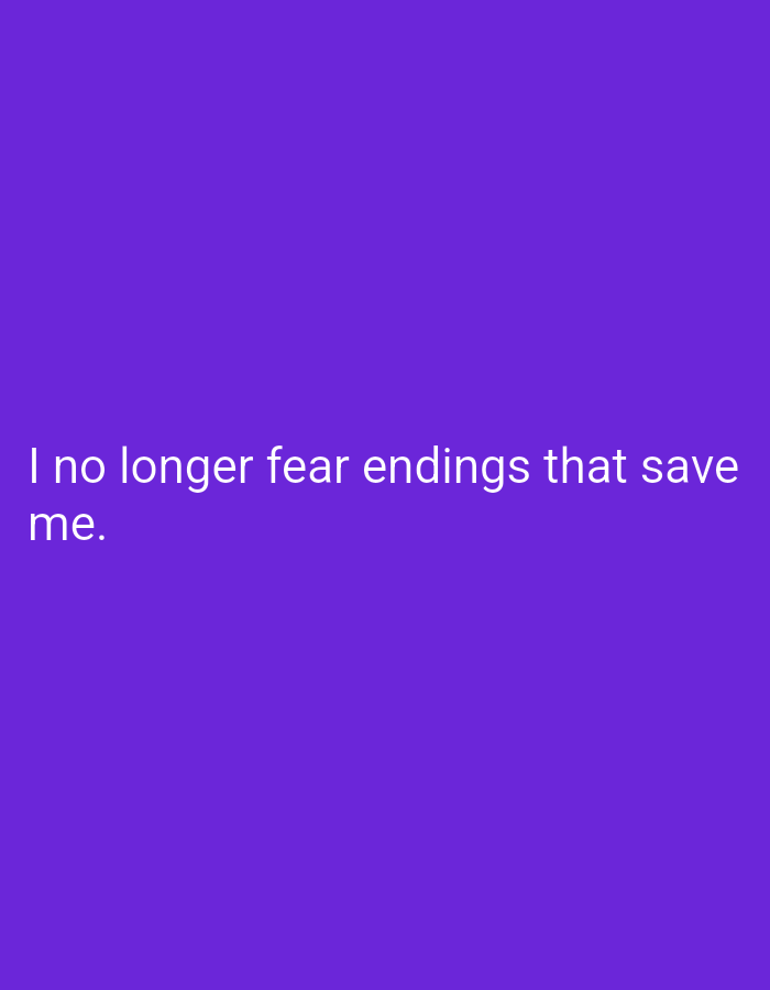 The image shows a purple background with white text that reads, "I no longer fear endings that save me." There is no indication of the city of Lassan, Pakistan, or any other specific location.