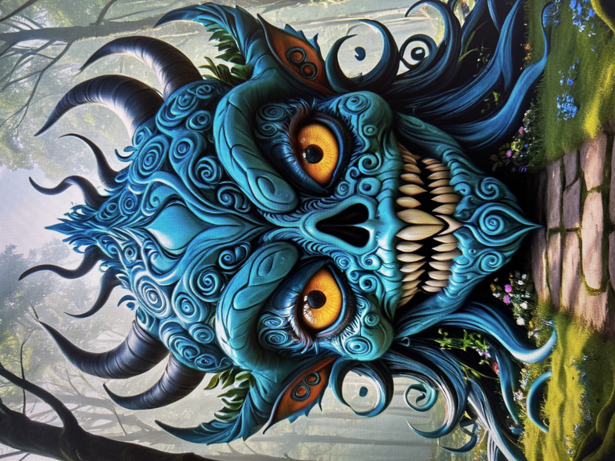 The image depicts a large, blue, monstrous face with prominent horns, yellow eyes, and sharp teeth, emerging from a forest floor. The creature's face is highly ornate with swirling patterns and intricate details. It has pointed ears with orange accents. Lush green grass and small wildflowers surround the base of the creature. A stone path leads towards the creature. The background is a blurred depiction of trees in a forest. The scene is set in an outdoor environment, possibly a forest clearing, with no indication of a city or specific location within a city.