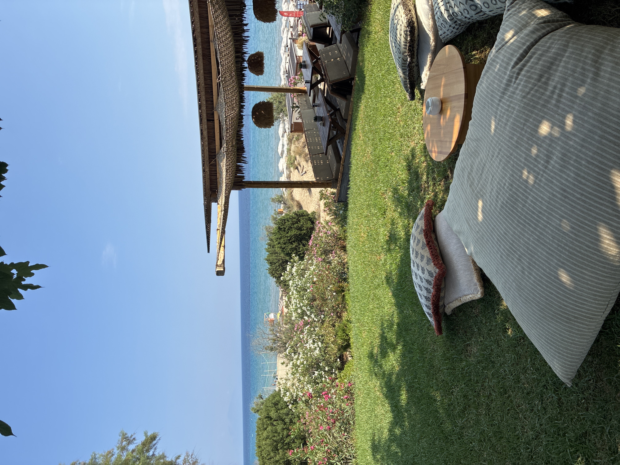The image depicts a tranquil beachfront scene in the Zakynthos Municipal Unit, Greece. In the foreground, a lush green lawn is adorned with several large, comfortable-looking floor pillows and a small wooden coffee table. Sunlight filters through overhead foliage, casting dappled shadows across the grass.
Beyond the lawn, a vibrant display of flowering bushes, featuring pink and white blossoms, creates a natural border. This leads to a sandy beach with numerous white sun loungers and umbrellas, suggesting a resort or beach club atmosphere.
Further in the distance, the calm, turquoise waters of the Ionian Sea meet a clear blue sky. A wooden structure, likely an open-air restaurant or bar with a thatched roof, provides shade and seating, with tables and benches visible. The overall impression is one of relaxed, seaside leisure.
