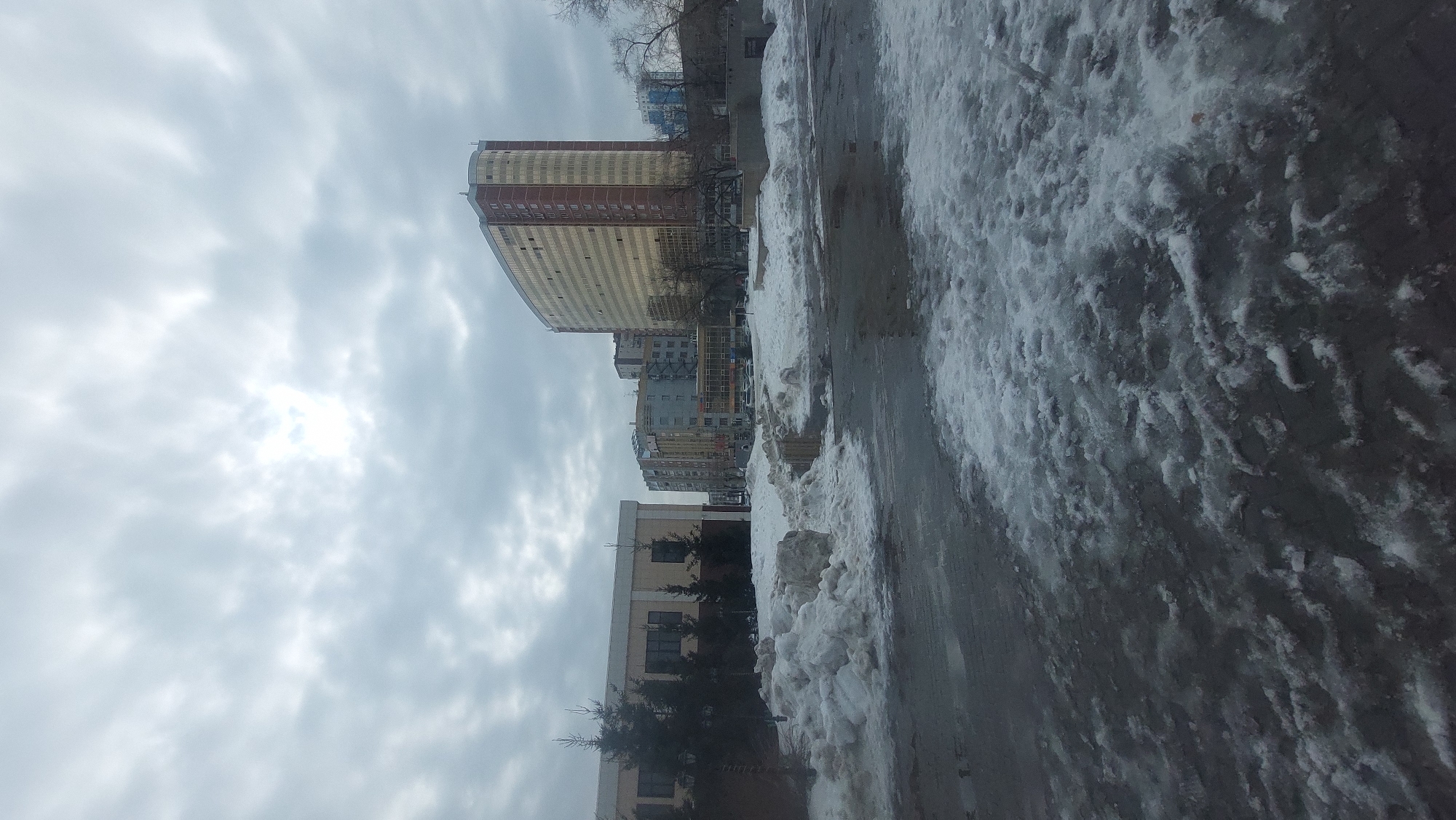 The image depicts a street scene in Novosibirsk, Russia, on a winter day. The sky is overcast with a cloudy atmosphere. Snow and ice accumulate along the street, creating a barrier between the sidewalk and the roadway. Several buildings of varying heights are visible in the background, including a tall, reddish-brown skyscraper. Trees are scattered throughout the scene, with some bare branches visible against the sky. The overall impression is a cold and urban environment.