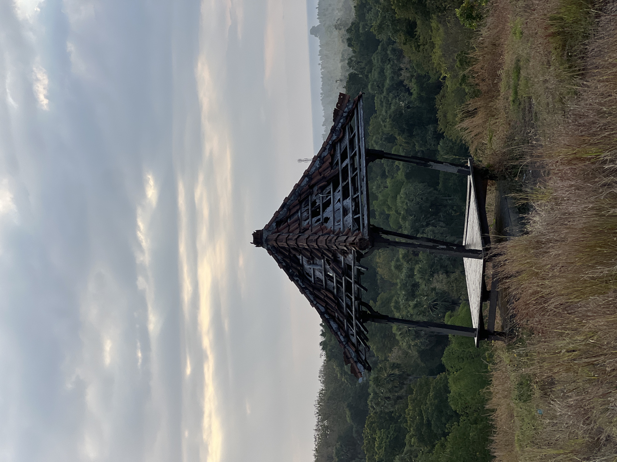 An abandoned, open-sided gazebo with a damaged tiled roof stands on a grassy hilltop overlooking a dense forest and a misty coastline in Kubutambahan, Indonesia. The structure has four dark wooden pillars supporting a hexagonal, exposed wooden frame where red tiles are missing or dislodged. The wooden floor of the gazebo appears weathered but intact. Tall, dry grass covers the foreground, with scattered green vegetation amongst it. The background is dominated by a lush green canopy of trees, stretching towards a hazy horizon where the ocean meets the sky. The sky is overcast with soft grey and white clouds, allowing diffused light to illuminate the scene. No people are present.