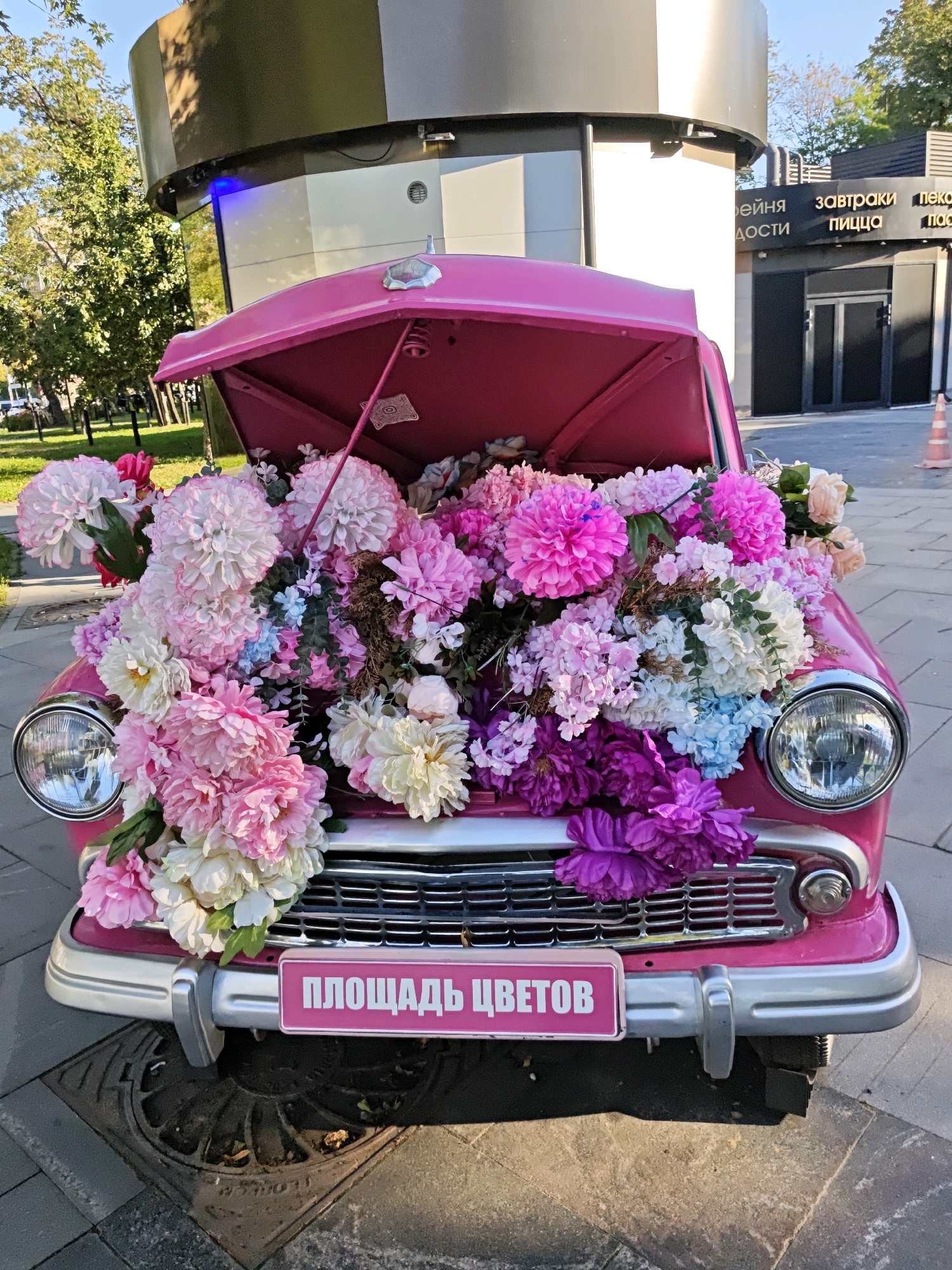 The image shows a pink vintage car with its hood open, filled with a large arrangement of pink, white, and purple artificial flowers. The car is parked on a paved area, possibly a sidewalk, with a street grate visible in the foreground. In the background, a modern building with a curved facade and windows is visible, along with trees and a clear sky. A sign on the car's bumper reads "ПЛОЩАДЬ ЦВЕТОВ" (Flower Square) in white Cyrillic lettering on a pink background. The overall scene suggests a decorative display, likely in a public urban space in Moscow, Russia, given the Cyrillic text on the sign.