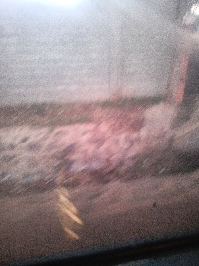 The media file is an exceptionally blurry and grainy photograph, seemingly captured through a window, most likely from a moving vehicle, given the pronounced motion blur that renders most details indistinct. A dark, indeterminate horizontal band across the very bottom edge suggests a vehicle's interior or window frame.
The scene depicts an outdoor environment. The upper section is dominated by a pale, diffused light, which could be an overcast sky or a light-colored, distant structure like a wall or building. The middle ground is a swath of abstract reddish-brown and grayish textures, possibly representing uneven terrain, dirt, or sparse ground cover, with some pinkish hues diffused throughout. In the lower-left, elongated yellowish blurs are visible, which may be reflections on the window surface or highly distorted light sources.
No identifiable people or specific objects can be discerned within the extreme blur. The muted color palette of grays, browns, and soft pinks suggests either an overcast day or possibly the light conditions of dawn or dusk. The image primarily conveys a sense of speed and transient observation rather than a clear depiction of a specific place in Ewuaso Oonkidong'i ward, Kenya. There is no visible text.
