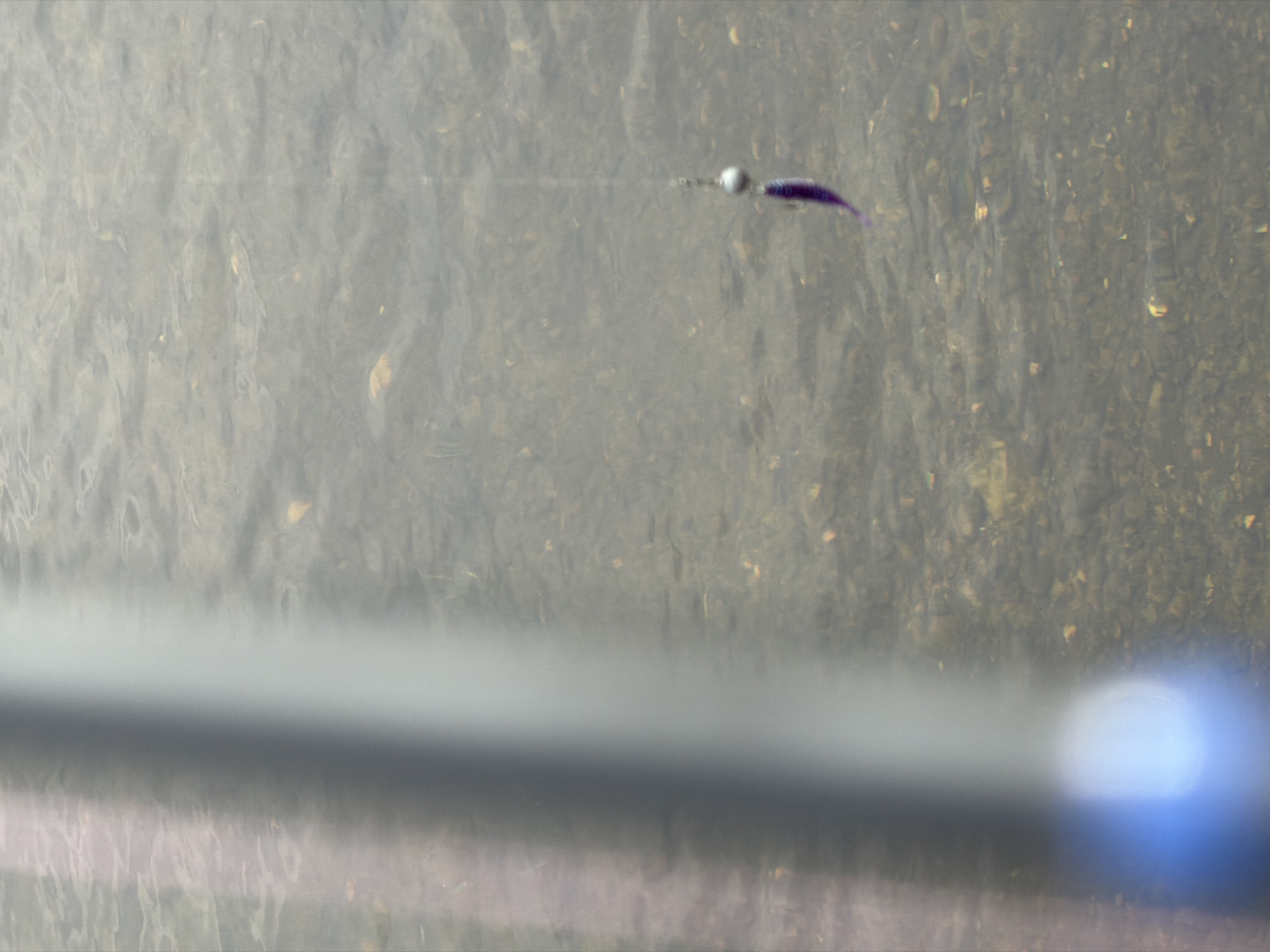 The image appears to show an underwater scene, possibly in a river or lake. A fishing lure with a silver weight and a purple tail is visible in the upper right portion of the frame. A long, gray object, possibly a pipe or a submerged log, runs horizontally across the lower part of the image, obscuring the view of the background. The water is murky, with a grainy texture and some visible sediment or debris. The location is stated as Chaikovsky, Russia, but there are no visible landmarks or other details that confirm this. There are no people present in the image, and the only objects are the fishing lure and the gray object in the foreground.