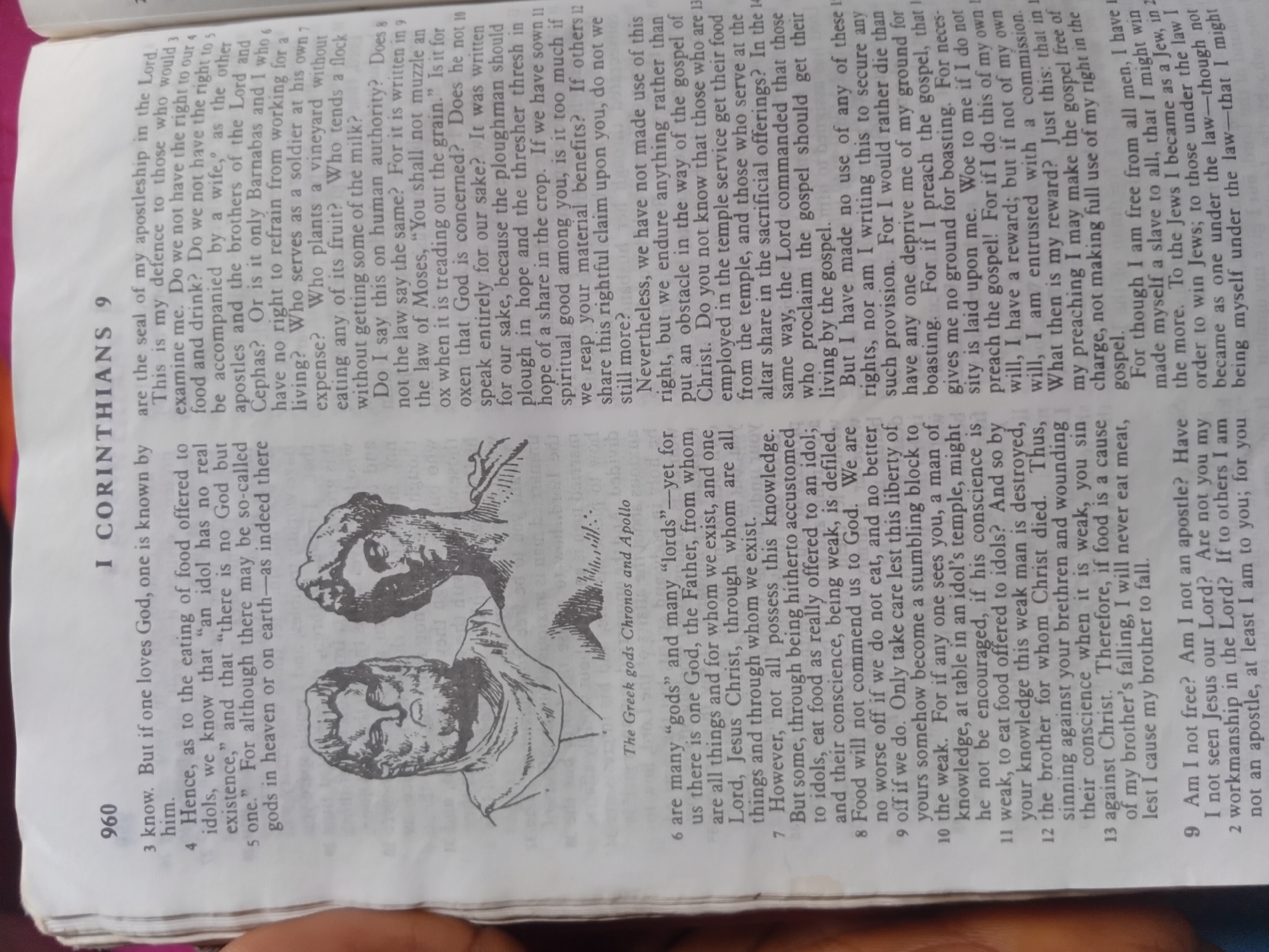 The image is a close-up shot of an open page from a book, likely a Bible, with text and an illustration. The primary subject is the text, densely packed in columns. The illustration, positioned in the lower half of the image, depicts two classical-looking male figures, rendered in a black and white woodcut style. They appear to be busts, with detailed facial features and hairstyles. The text is in English and discusses themes of faith, apostleship, and the gospel, referencing Corinthians. Specific verses like "I Corinthians 9" are clearly visible. There is no indication of time of day, weather, or specific emotions conveyed by the text itself, though the subject matter is religious and spiritual. The location context of Nkpor, Nigeria is provided externally, but not evident within the image itself. The page is slightly creased and shows signs of use.
