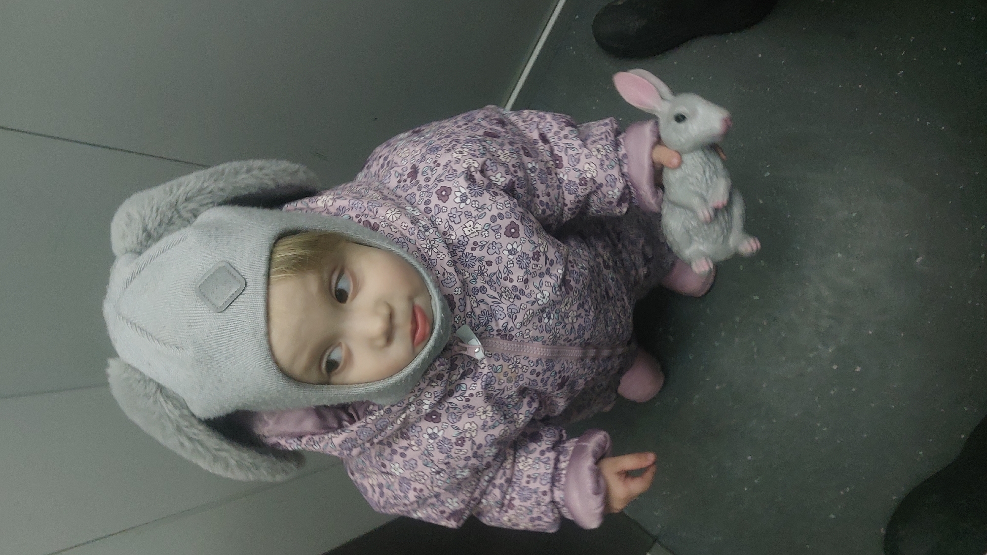 A young child, possibly between one and two years old, is the primary subject of this full-shot photograph. The child is wearing a floral-patterned lavender jacket, the hood of which has attached grey, fuzzy bunny ears. The child also wears a grey cap with a small patch. She is holding a small, grey toy rabbit with pink ears and paws in her right hand. The child is looking to the left of the frame with a slightly pouting expression.
The setting appears to be an interior space with grey walls and a grey floor with light speckles. Portions of two dark shoes are visible in the upper right and lower right corners of the frame, indicating the presence of other individuals nearby. The photo is taken from an elevated angle, looking down at the child.
There are no details confirming the location as Novosibirsk, Russia.