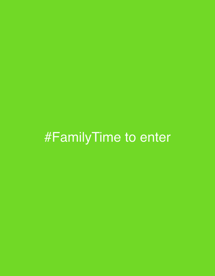 The image displays white text on a bright green background. The text reads "#FamilyTime to enter". There is no information about the city of Okha, Russia, within the image.