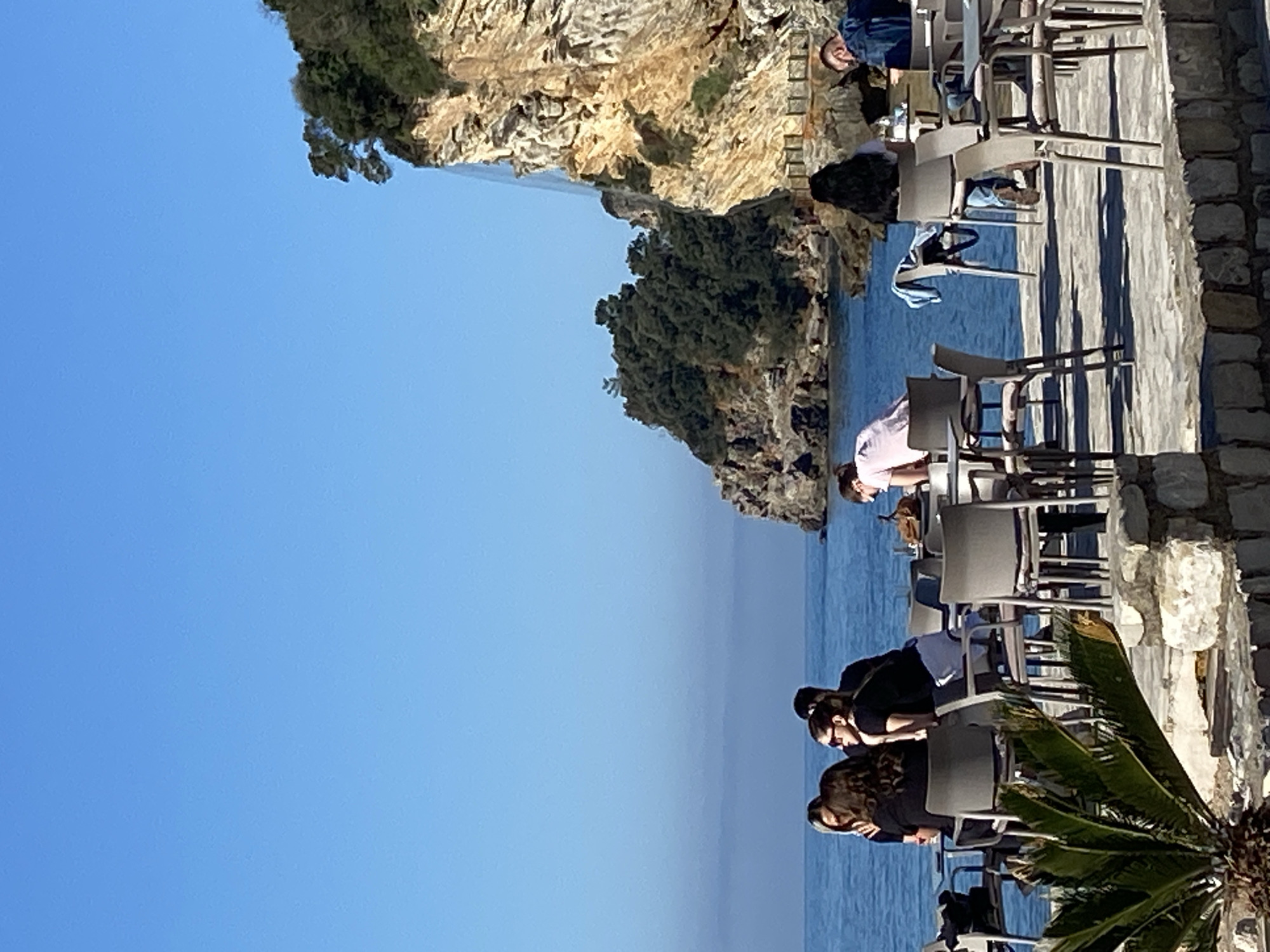 Here is a description of the image:
The image depicts an outdoor scene, likely a café or restaurant terrace, in the city of Budva, Montenegro. Several people are sitting at tables and chairs, enjoying the view of the Adriatic Sea. A rocky coastline is visible in the background, partially covered with green trees. The sky is clear and blue. The terrace is constructed from stone and features several tables and chairs, a stone wall, and a palm tree.