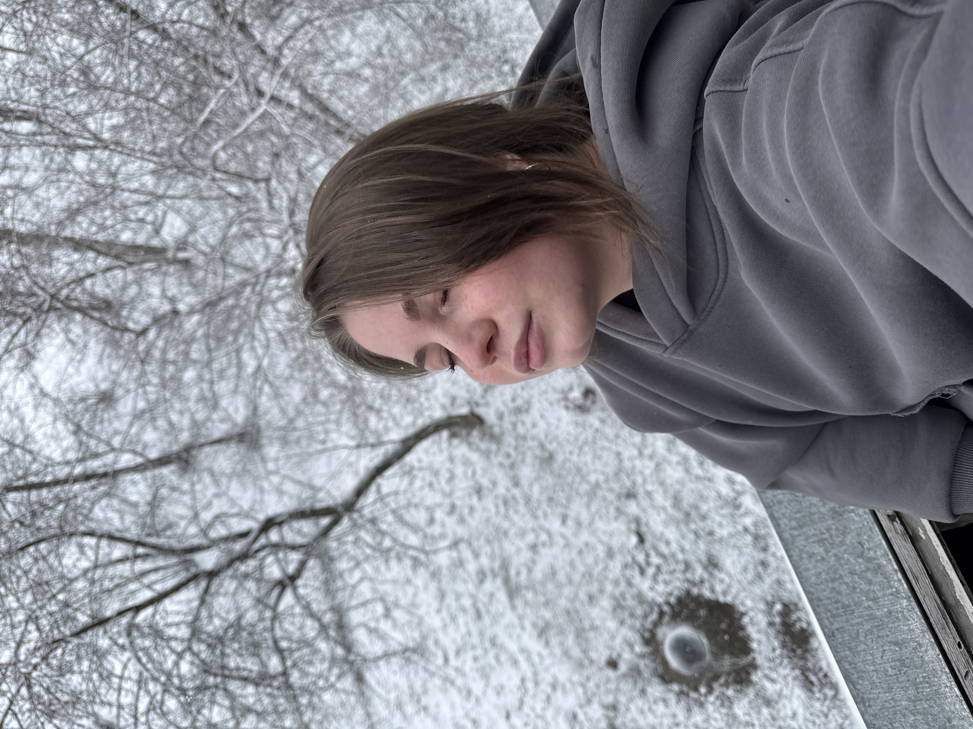 A woman is standing outdoors in a snowy environment. She is wearing a gray hooded sweatshirt and has short, brown hair. The background consists of bare tree branches covered in snow. Patches of snow-covered ground are visible, one with a small, circular area of melted snow. The location is possibly Chaikovsky, Russia, given the request context.