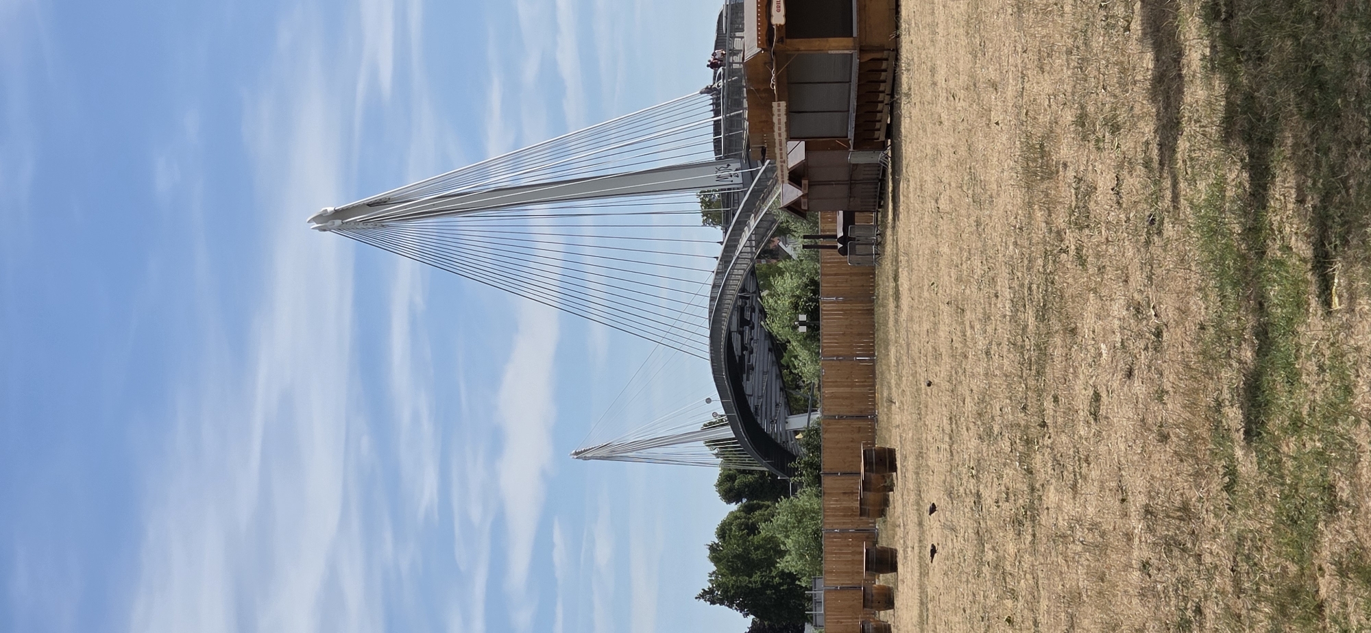 The image captures a sunny day at a park in Strasbourg, France, near the Passerelle Mimram bridge. The foreground features a dry, grassy field with several wooden barrels scattered across it. A low wooden fence runs horizontally across the middle of the frame, separating the field from the background. Behind the fence, there are several small wooden structures, possibly market stalls or kiosks. In the background, the distinctive Passerelle Mimram bridge spans the River Ill. The bridge is characterized by its white pylons and suspension cables, forming a modern and striking architectural feature. Lush green trees line the riverbank behind the bridge. The sky is a clear blue with scattered white clouds. A few people are visible on the bridge, and some birds are on the ground in the foreground.