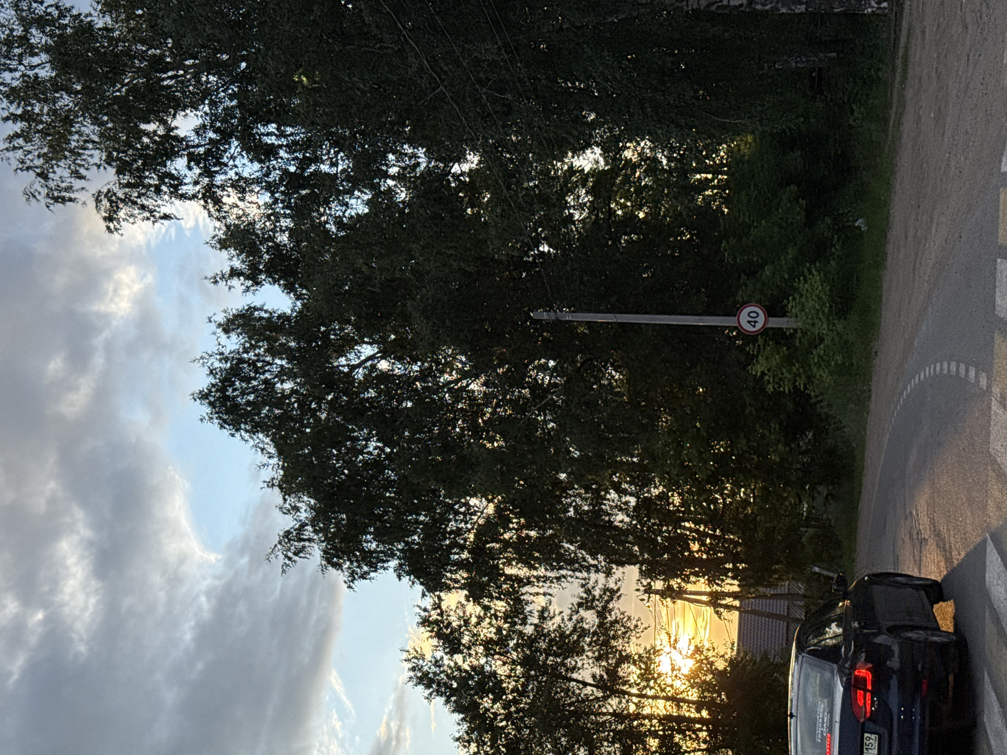 The image depicts a road scene in Chaikovsky, Russia, at dusk. A dark blue sedan is traveling on a paved road with a pedestrian crossing in the foreground. The car's brake lights are illuminated. To the right of the road, there is a speed limit sign indicating 40. Dense trees line the right side of the road, and to the left, silhouetted trees are visible against a sunset sky with scattered clouds. The sky shows a gradient of warm sunset colors, transitioning into a cooler blue and gray. In the background, a house with a dark roof is partially visible behind the trees. Power lines are also present. The overall impression is that of a rural or suburban road at the end of the day.