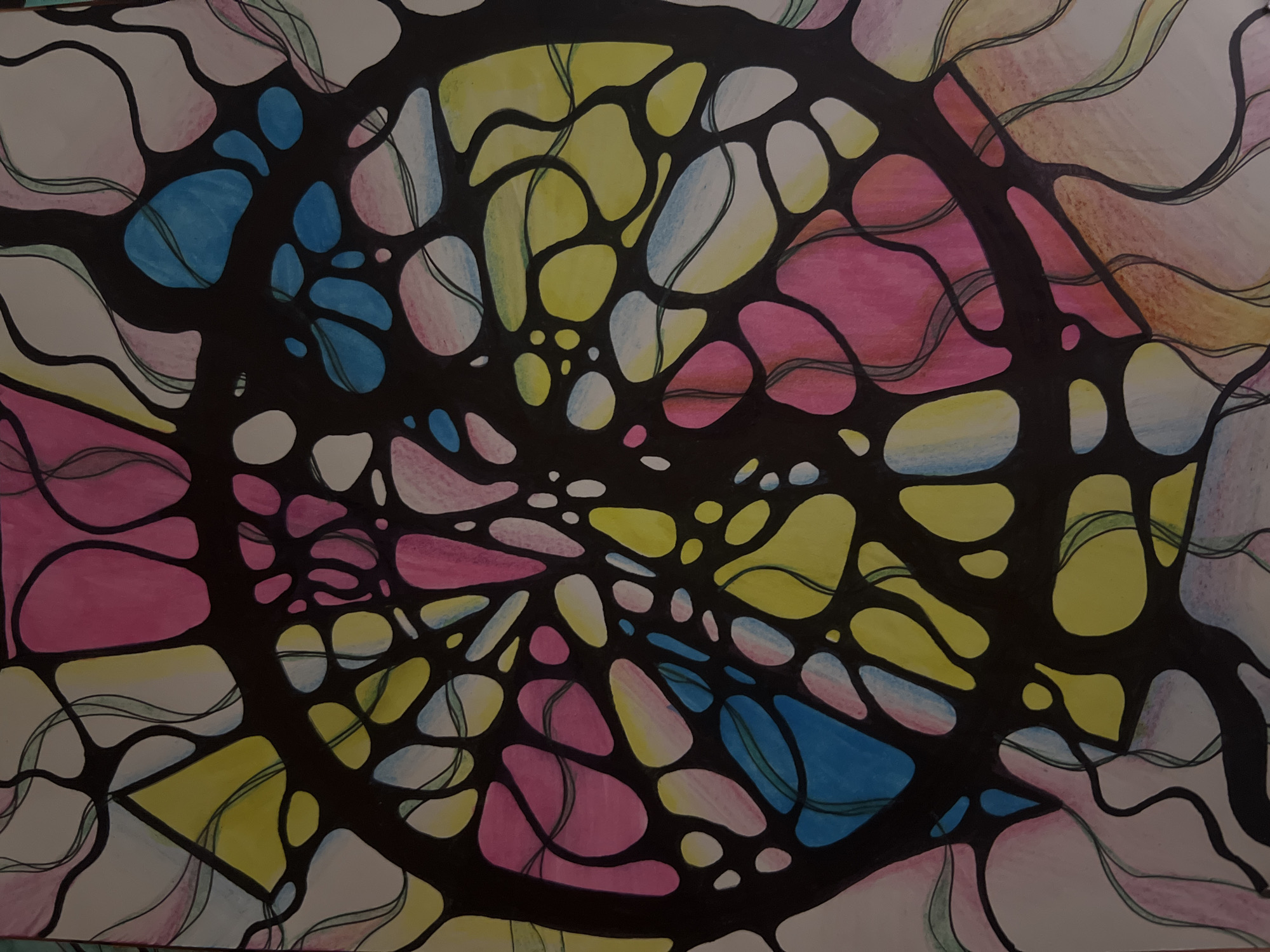 The image presents a vibrant, abstract artwork, characterized by a complex network of thick, dark, flowing lines. These lines delineate numerous interconnected, organic shapes, giving the piece the appearance of a neurographic drawing or a contemporary stained-glass window.
The shapes enclosed by the black lines are filled with a bright and varied color palette. Dominant hues include cheerful pinks, sunny yellows, and clear blues, interspersed with areas of white or very light grey. The application of color, likely crayon or pencil, shows subtle textural variations and occasional blending within individual sections. Many of the colored segments feature finer, wavy lines that run parallel to the main black outlines, adding a delicate layer of detail and visual rhythm, suggesting subtle internal contours or energy flows.
The composition centers around a denser cluster of smaller, intricately intertwined shapes, acting as a focal point. From this central mass, larger, more elongated, and sweeping shapes extend outwards towards the edges of the frame, conveying a sense of dynamic expansion and fluid movement across the canvas.
There are no discernible human or animal subjects, specific objects, or activities depicted. No visible text is present in the artwork. The abstract nature of the piece provides no direct visual cues regarding the time of day, weather, or a specific physical location.