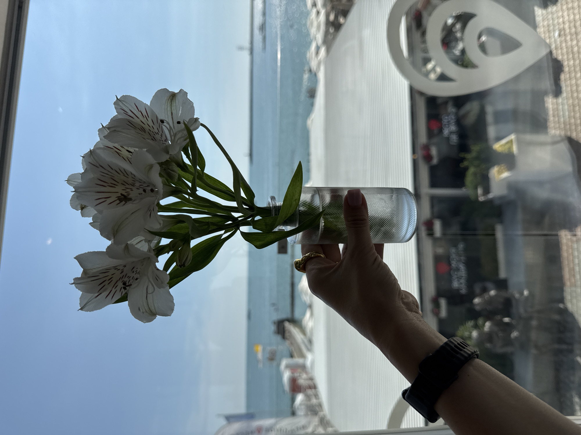 A hand, adorned with a gold ring and a black smartwatch, holds a glass vase containing white flowers with dark red stripes, positioned in front of a window. Beyond the window, the scene opens up to the Black Sea, with a clear blue sky above. A pier extends into the water, and a coastline with structures and what appears to be a beach is visible. In the foreground, through the window, a blurred view of a building with a distinctive white location pin logo is present. The overall ambiance suggests a seaside location in Sochi, Russia, possibly a cafe or restaurant with a view.